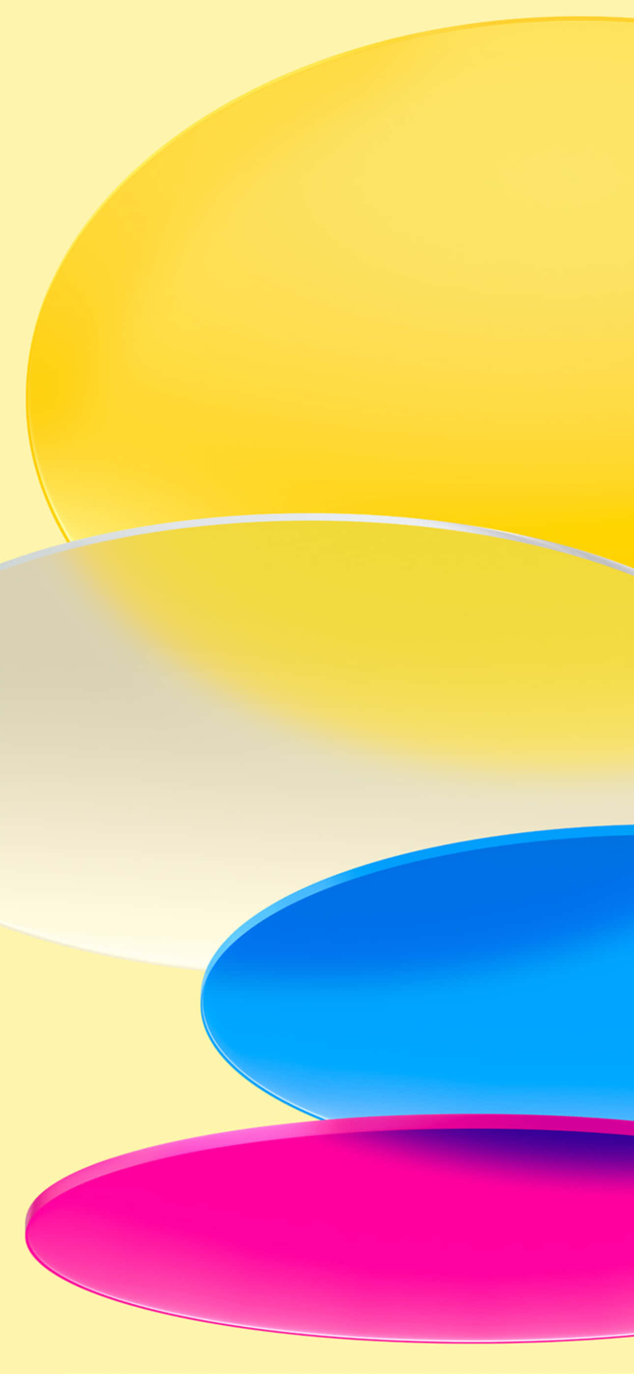 Shapes 桌布 壁紙 — 充滿活力的重疊橢圓形，以黃色、藍色和粉紅色漂浮在柔和的黃色背景上。