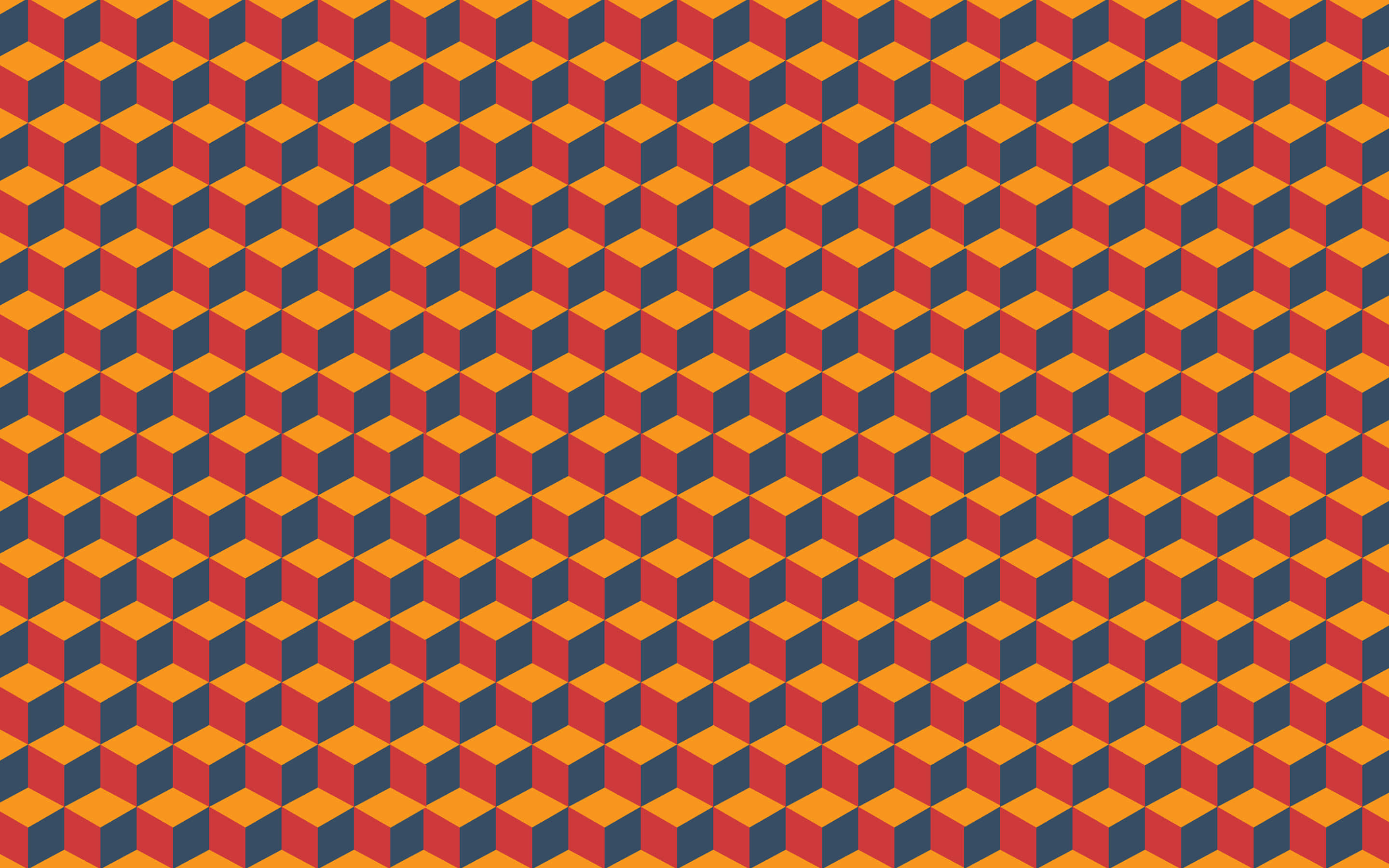 Geometric Desktop 桌布 壁紙 — 充滿活力的重複3D立方體，以橙紅色和深藍色呈現，營造出迷人的錯視效果圖案。