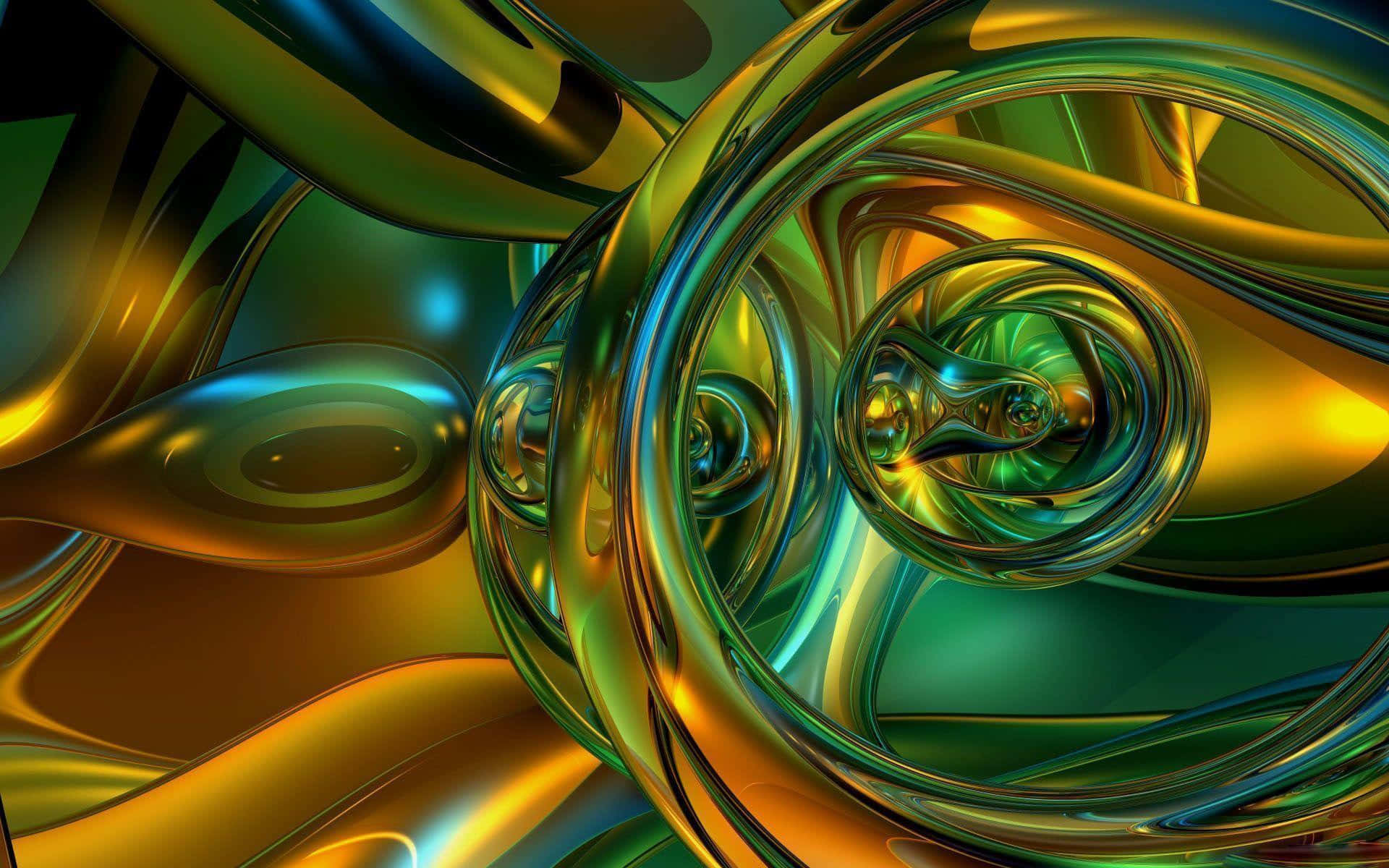 Visuals 桌布 壁紙 — 充滿活力的金屬絲帶扭成催眠般的螺旋，帶有閃爍的金色和翡翠反射。