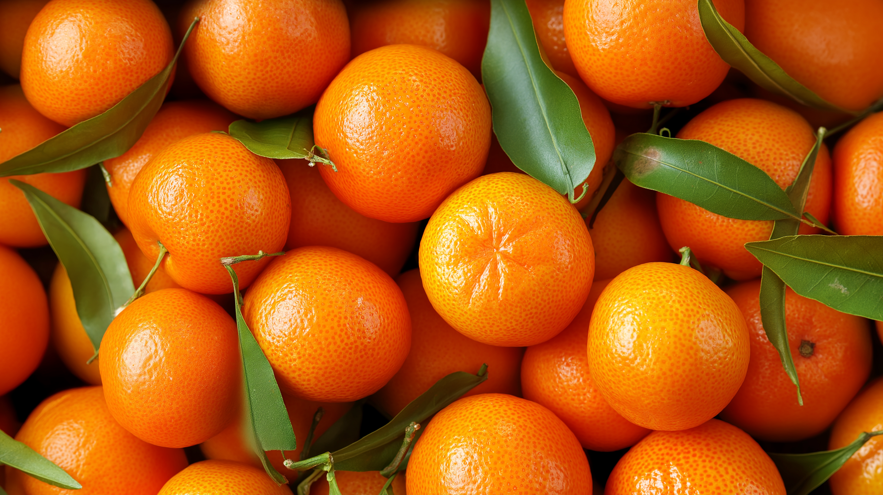 citrus 桌布 壁紙 — 充滿活力的金桔特寫，帶有光澤的橙色果皮和綠葉點綴其間。