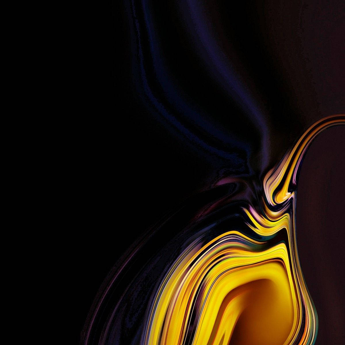 Note 10 桌布 壁紙 — 充滿活力的金色和深藍色液體漩渦在純黑背景上動態流動。