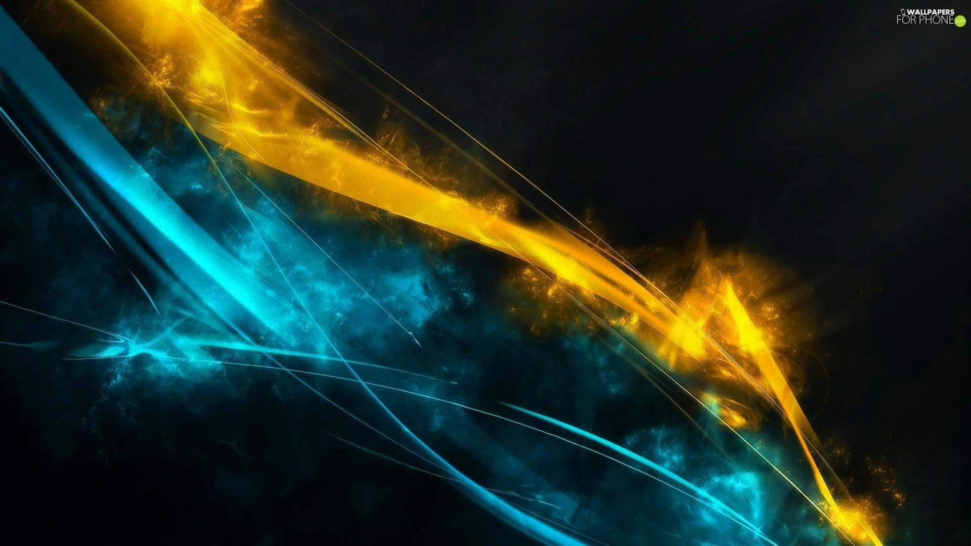 Blue And Gold 桌布 壁紙 — 充滿活力的金色和青色能量條紋在深邃的黑色宇宙背景下動態湧現。
