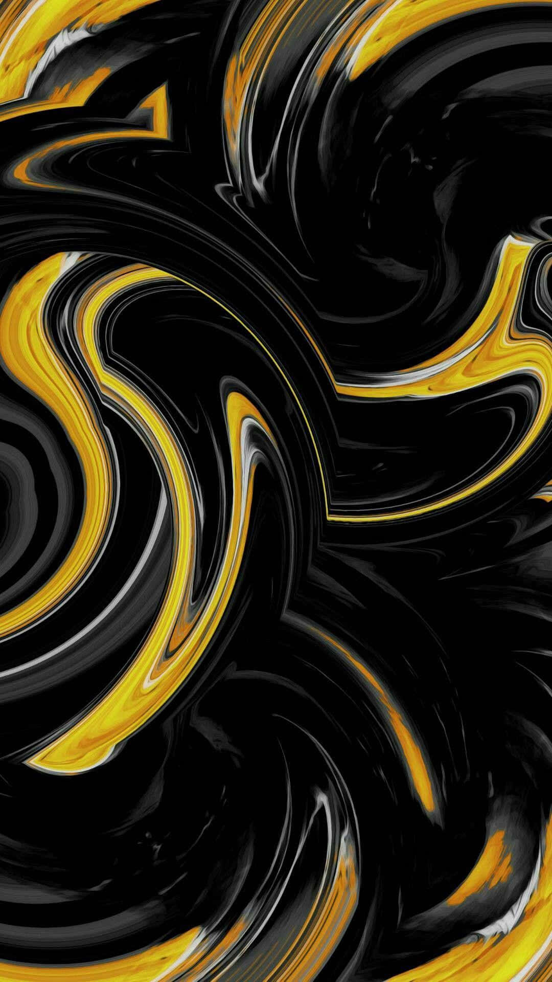 Yellow And Black 桌布 壁紙 — 充滿活力的金色漩渦在深黑色背景上動態流動，營造出大膽的抽象運動效果。