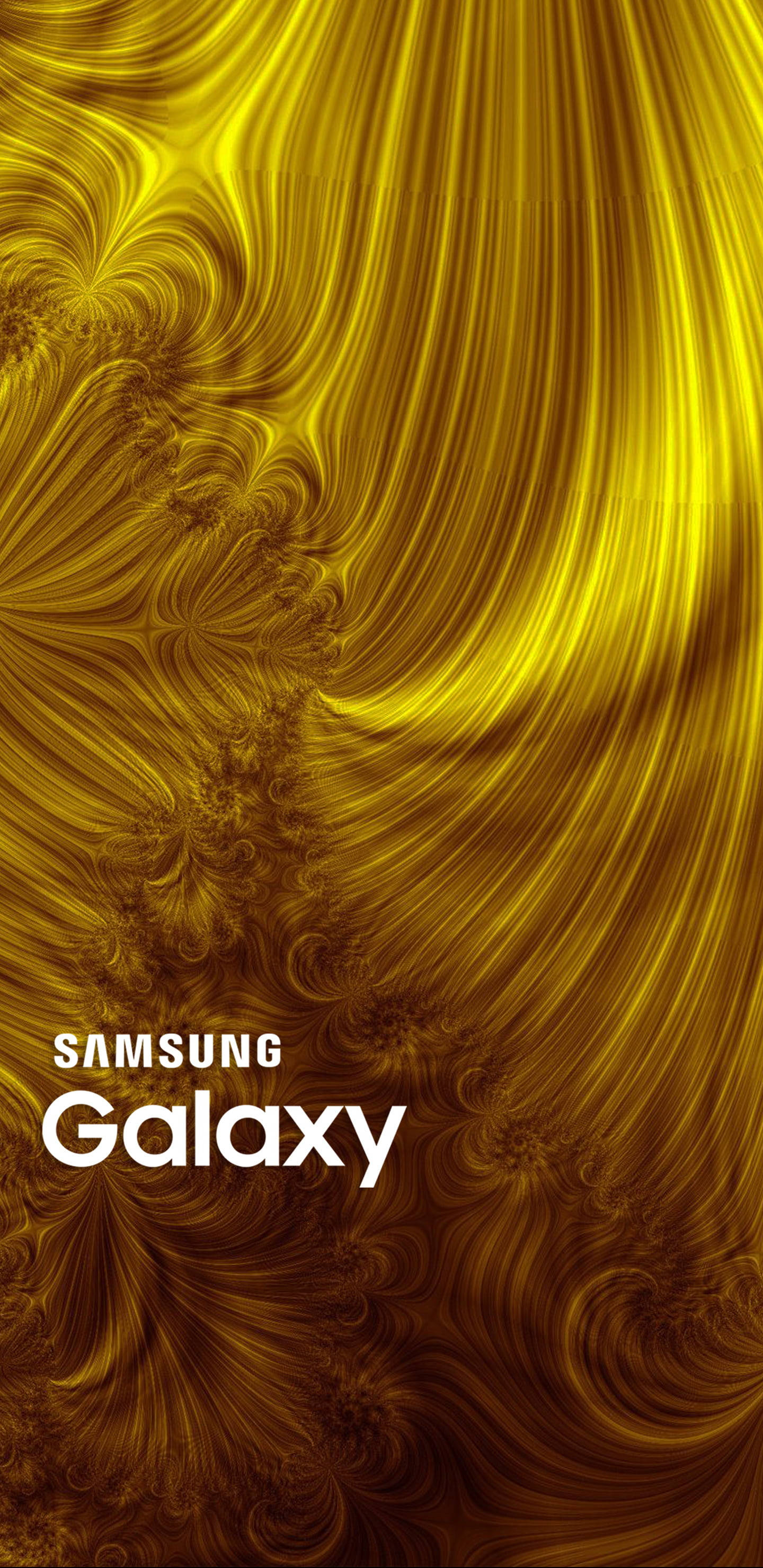 抽象藝術動圖 桌布 壁紙 — 充滿活力的金色碎形圖案在帶有Samsung Galaxy品牌的耀眼黃色背景上動態旋轉。