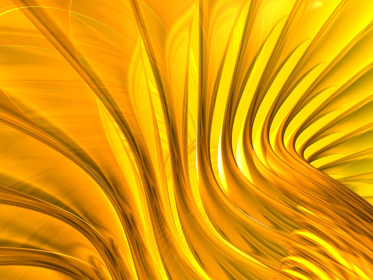 3D 桌布 壁紙 — 充滿活力的金色絲帶在光彩奪目的抽象構圖中動態旋轉，帶有光澤亮點。