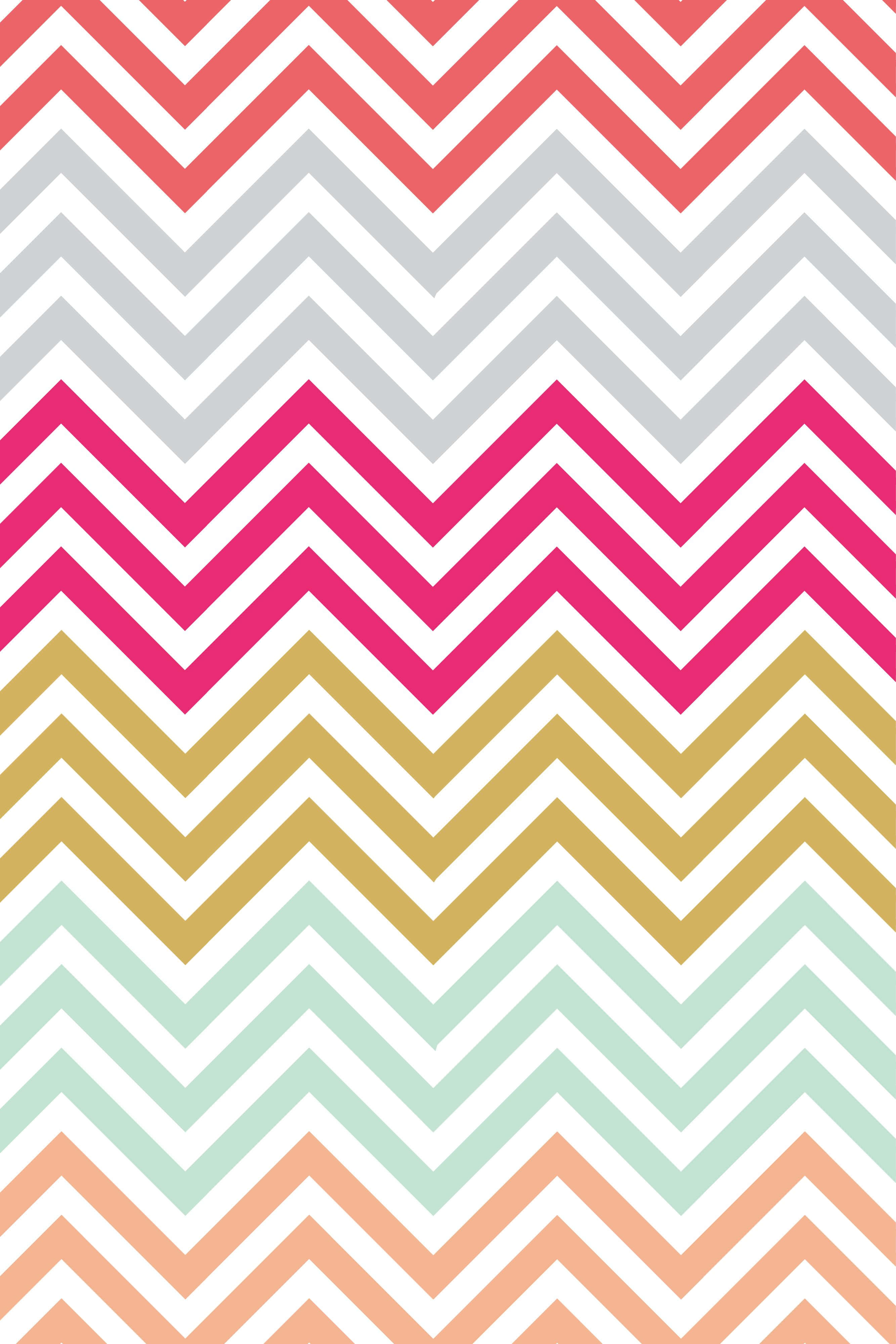 Cute Chevron 桌布 壁紙 — 充滿活力的鋸齒圖案壁紙，珊瑚粉、金色、薄荷和蜜桃色調，搭配清晰的白色線條。