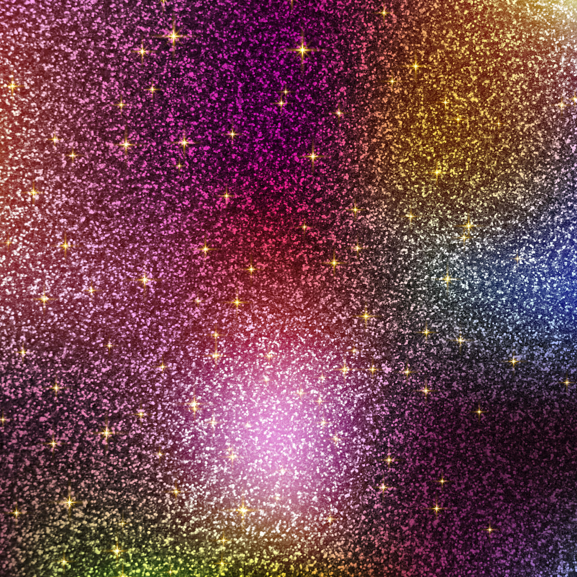 Glitter background with a shimmering texture. Aesthetic glitter background with blank space 壁紙 — 充滿活力的閃光漸變背景從明亮的中心散發出來，星星在洋紅色、金色、藍色和綠色色調中閃爍。