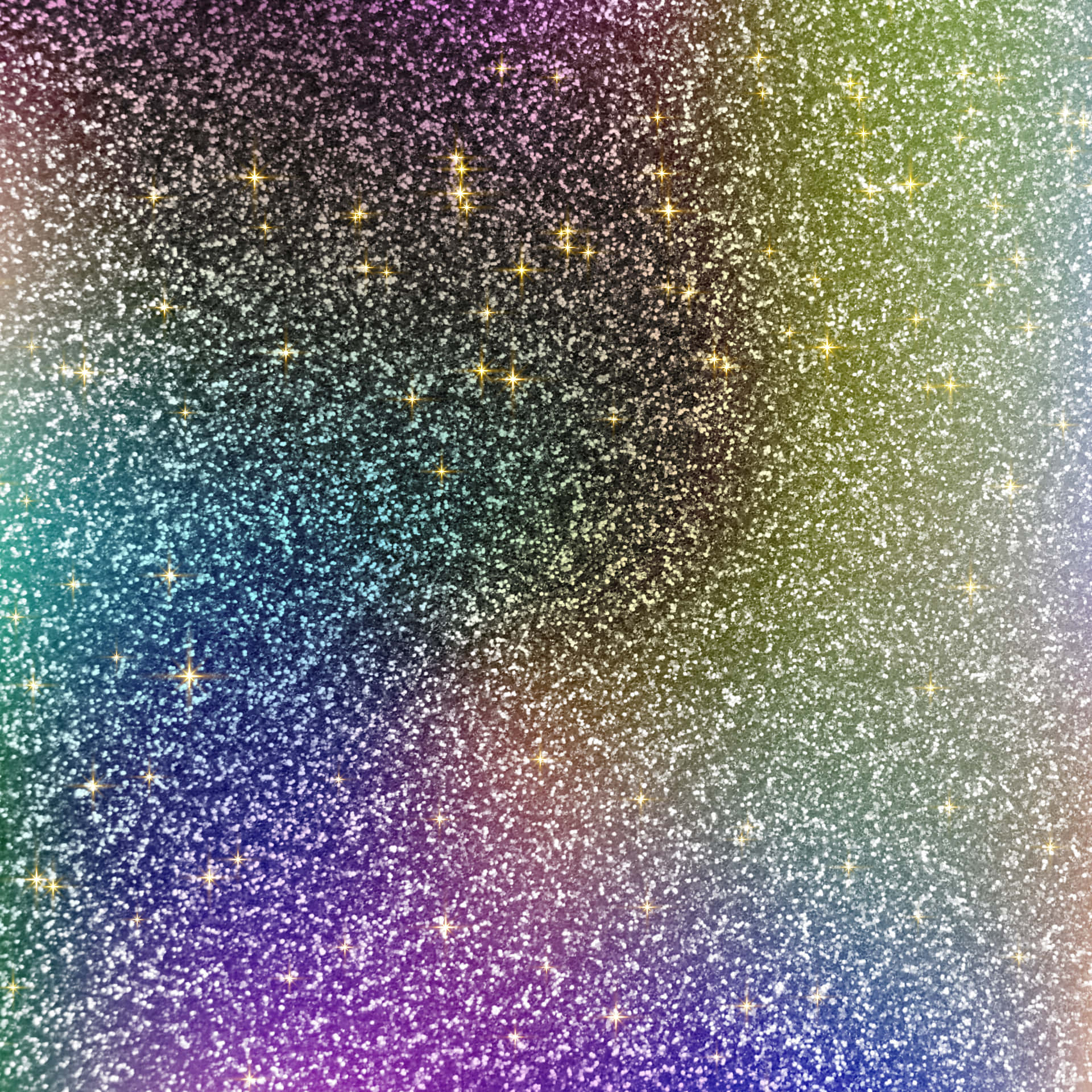Glitter background with a shimmering texture. Aesthetic glitter background with blank space 壁紙 — 充滿活力的閃爍彩虹漸變背景，散落著閃亮的金色星星。