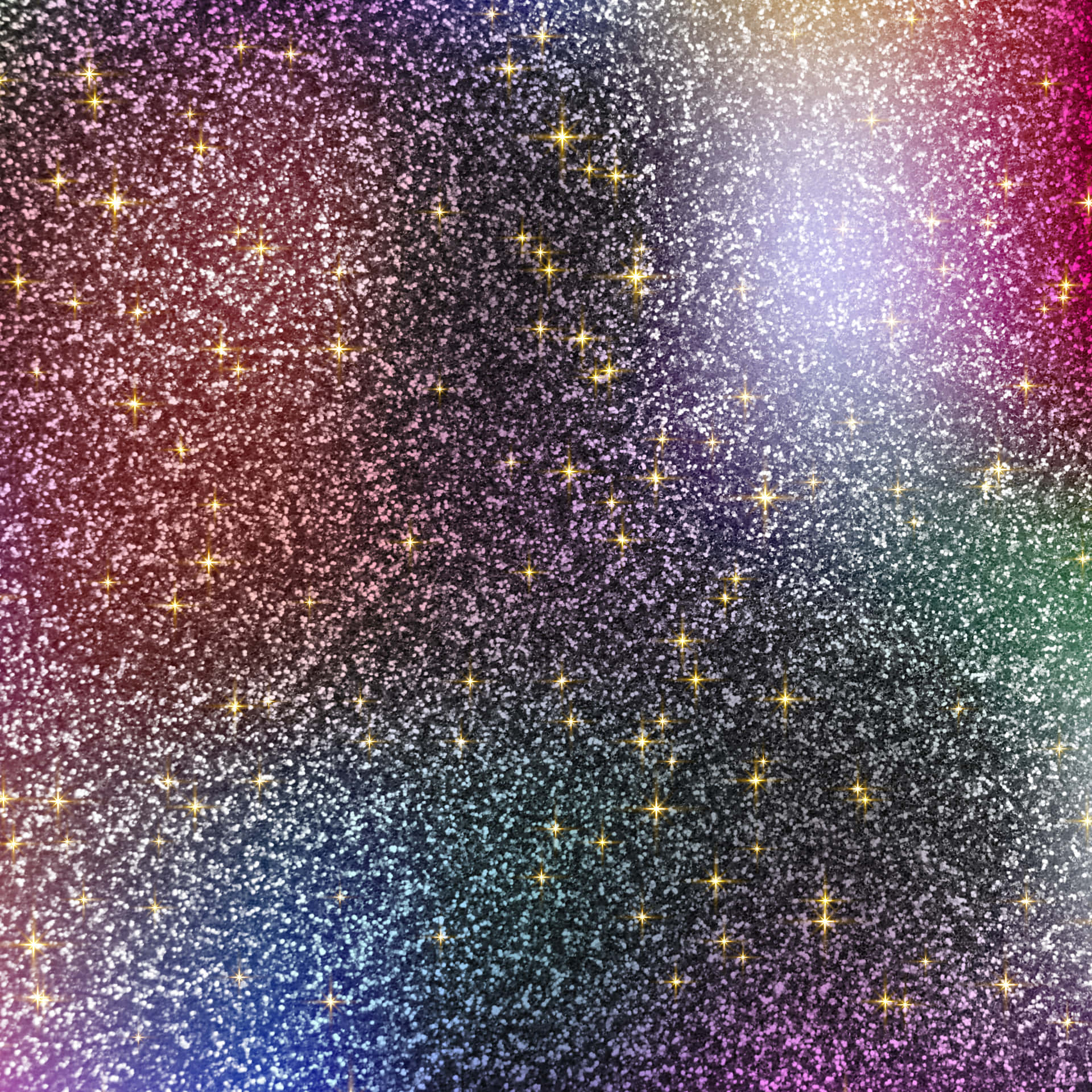 Glittery color background with a shimmering texture. Aesthetic glitter background with blank space 壁紙 — 充滿活力的閃爍彩虹色漸變，飾有閃閃發光的金色星星。