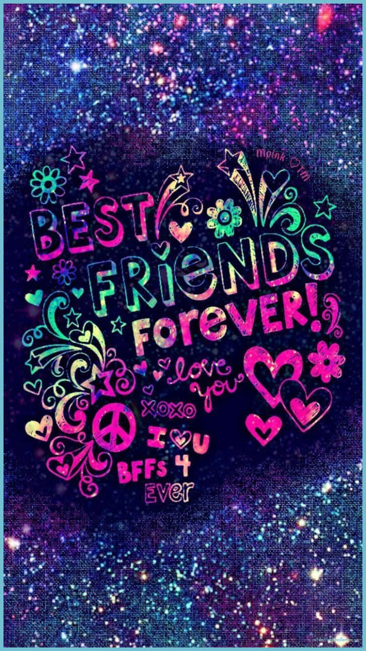 Bestie 桌布 壁紙 — 充滿活力的閃爍星系背景，帶有色彩繽紛的「BEST FRIENDS FOREVER」文字和心形圖案，採用俏皮的數位藝術風格。