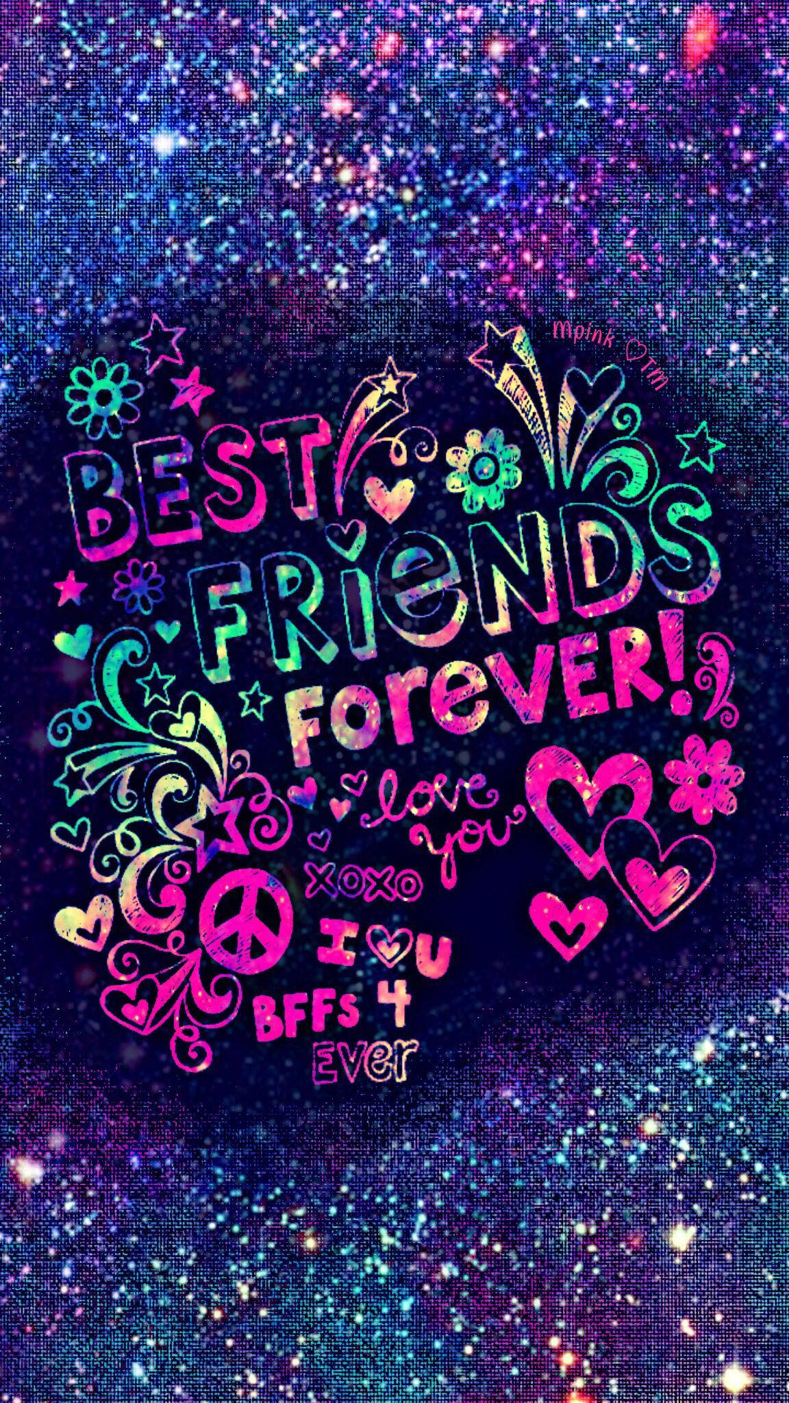 摯友永遠 桌布 壁紙 — 充滿活力的閃爍銀河背景，帶有色彩繽紛的「BEST FRIENDS FOREVER」文字和心形圖案，以俏皮塗鴉風格呈現。