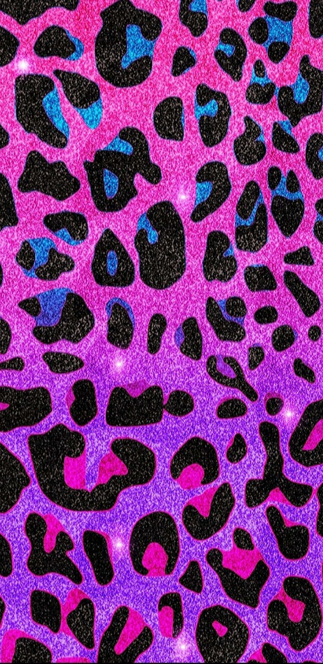 Leopard Pattern 桌布 壁紙 — 充滿活力的閃粉豹紋壁紙，粉紫漸變底色，黑色斑點搭配藍色點綴。
