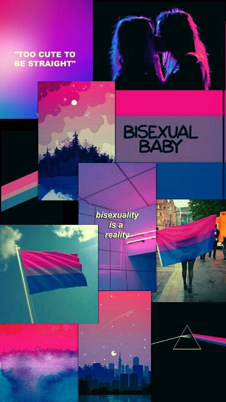 Bisexual Aesthetic 桌布 壁紙 — 充滿活力的雙性戀驕傲圖像拼貼，包括旗幟、接吻剪影和肯定雙性戀的文字，背景為霓虹粉紅、紫色和藍色。