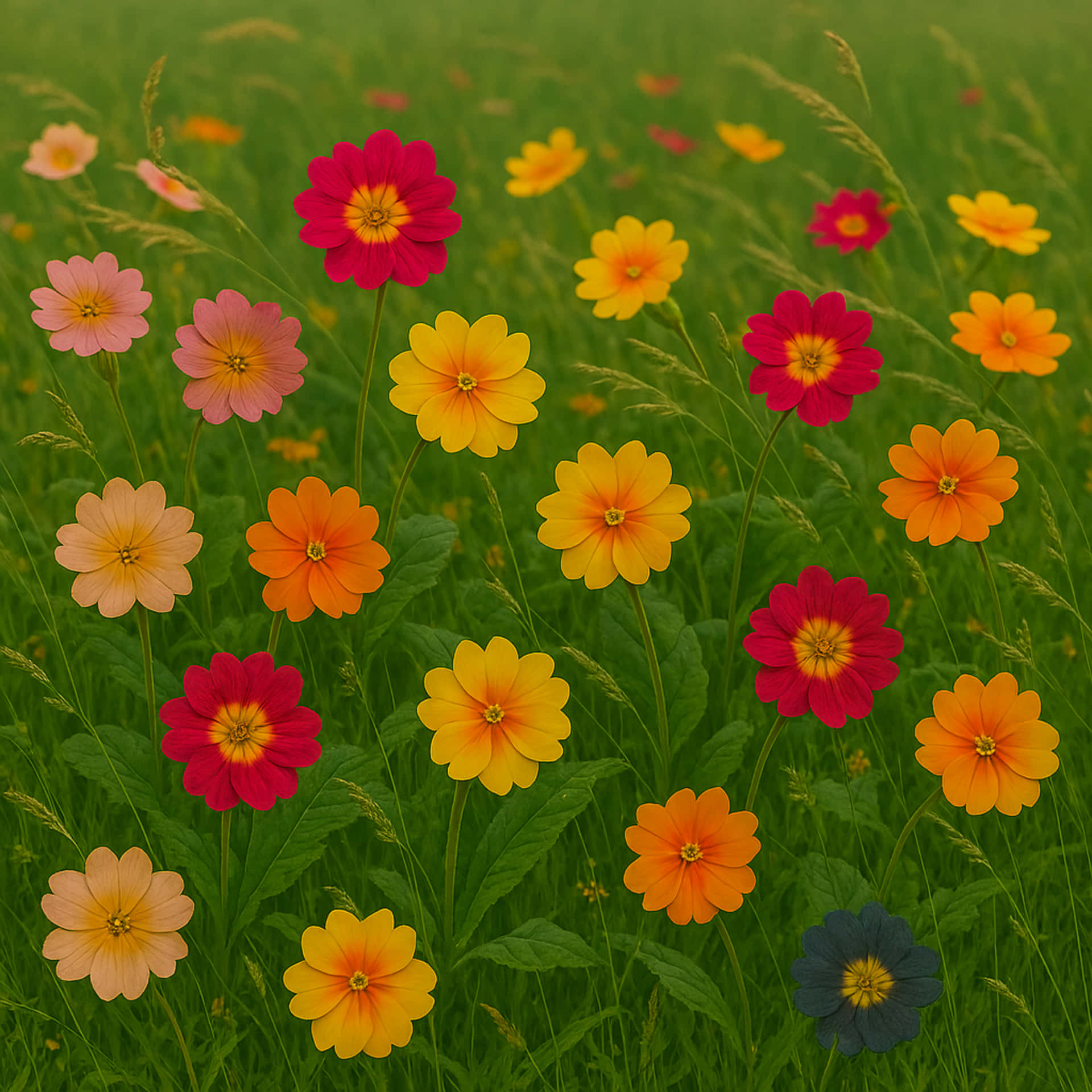 Primroses in the meadow 壁紙 — 充滿活力的雛菊田，開滿粉紅、黃、橙和紅色的花朵，映襯著茂盛的綠草。