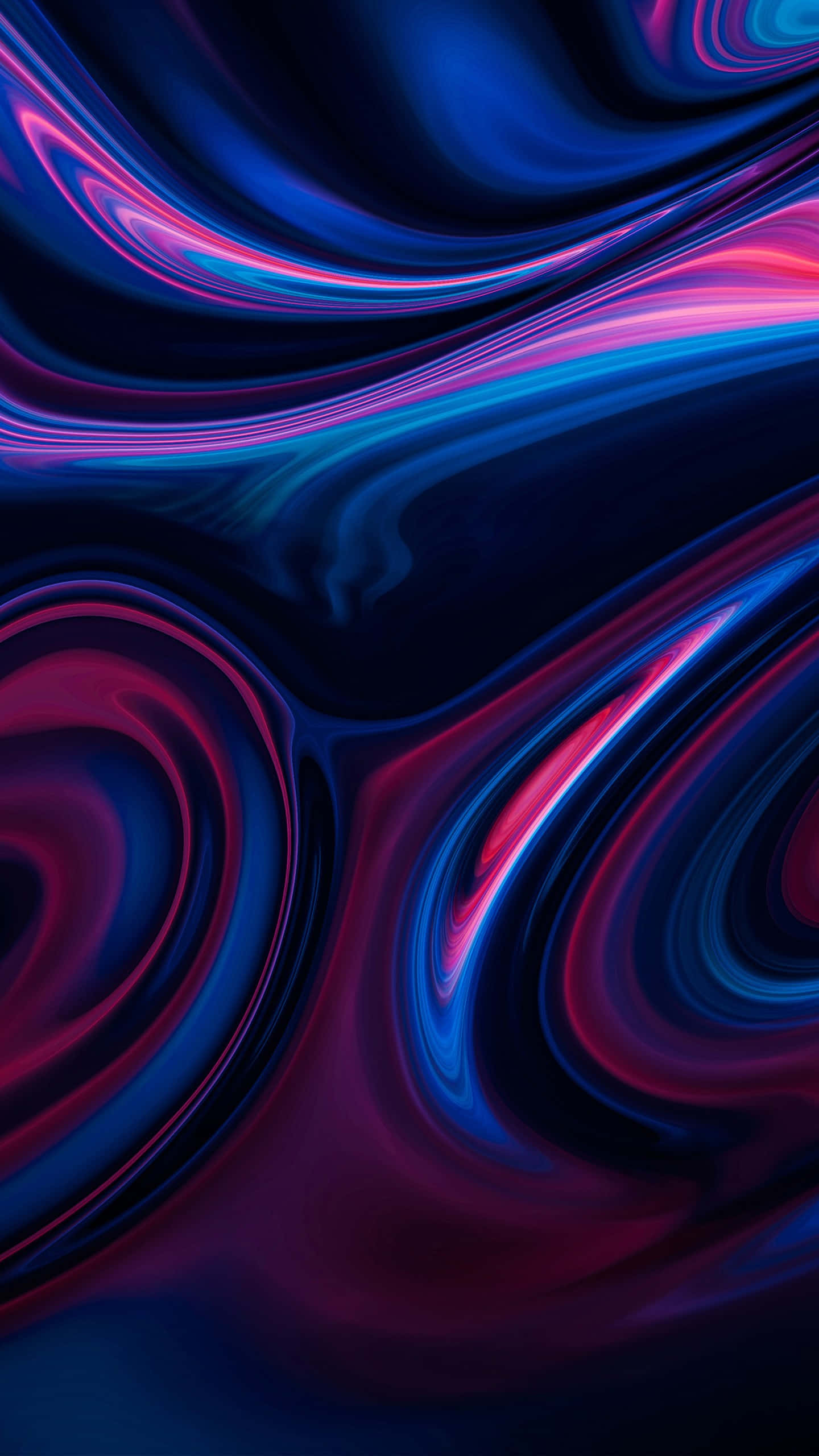 Swirl 桌布 壁紙 — 充滿活力的電光藍和洋紅色漩渦圖案，像液體霓虹燈一樣在深邃的宇宙黑色背景上流動。