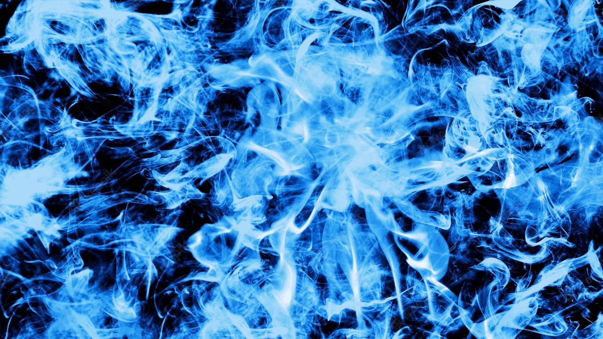 Flames 桌布 壁紙 — 充滿活力的電光藍色火焰在深黑色背景上扭曲翻騰，形成動態抽象圖案。