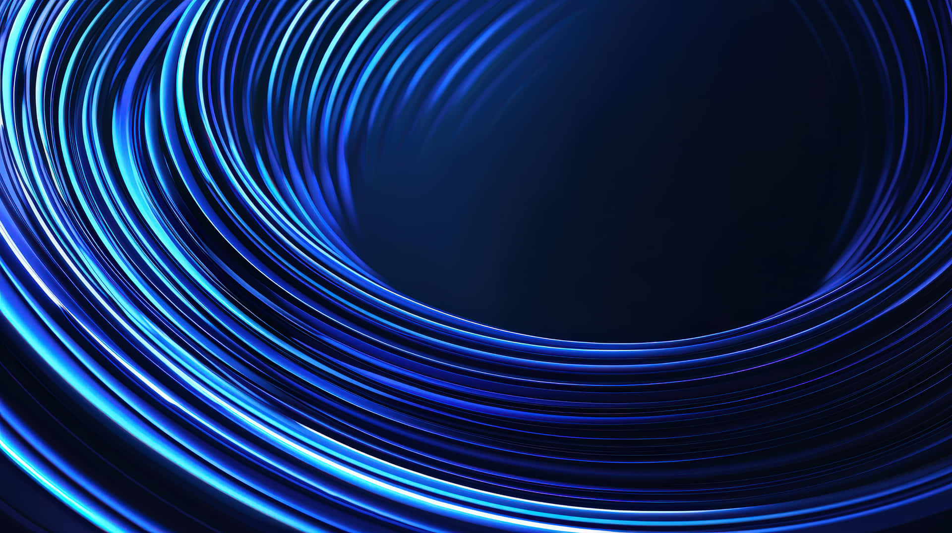 Abstract blue light waves in a digital tunnel 壁紙 — 充滿活力的電光藍色發光同心環在深海軍藍背景下動態旋轉。