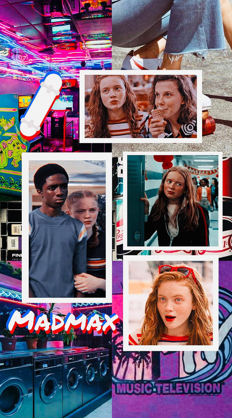 Stranger Things Aesthetic 桌布 壁紙 — 充滿活力的電影場景拼貼，包含霓虹燈、洗衣機以及《瘋狂麥斯》和《怪奇物語》的角色。