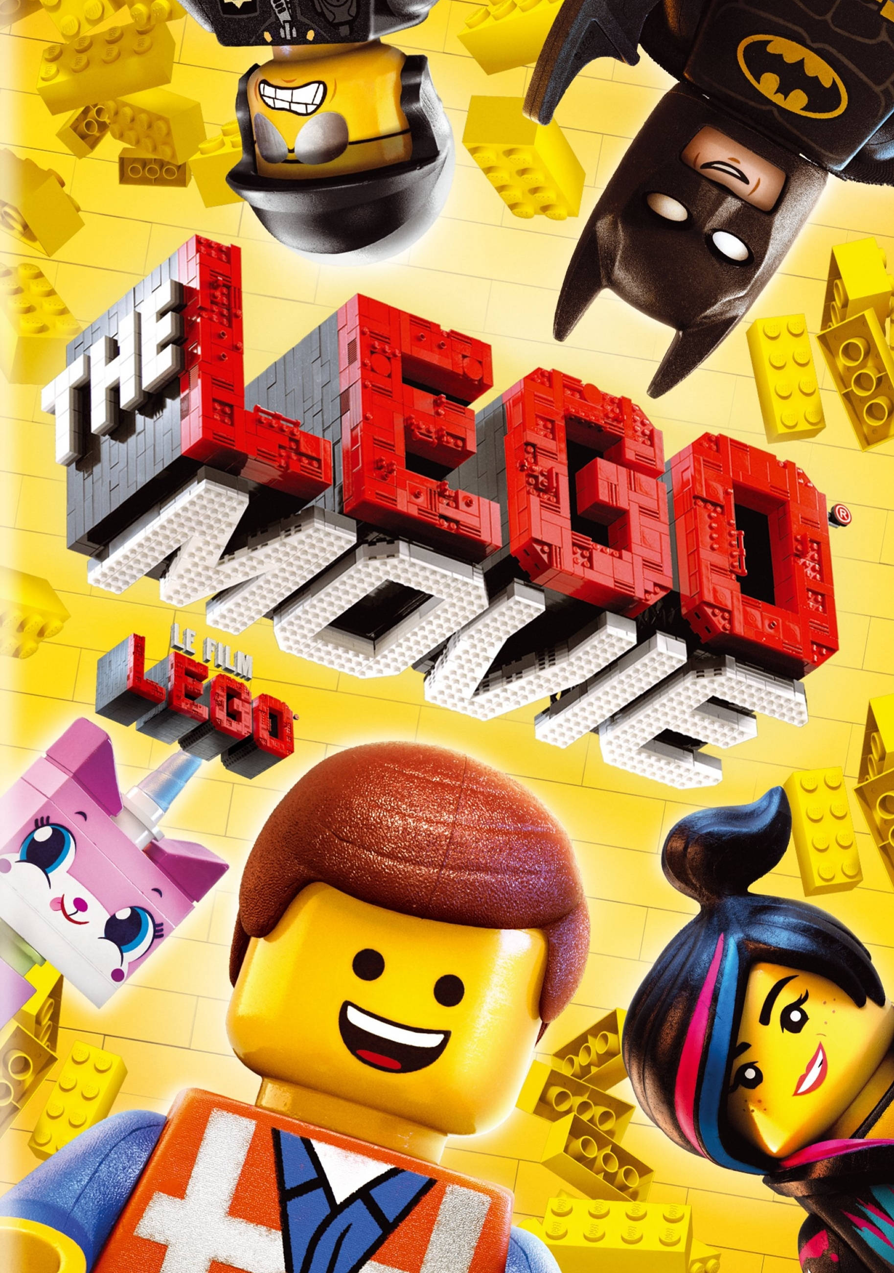 樂高 桌布 壁紙 — 充滿活力的電影海報，以黃色磚塊背景為襯托，展示微笑的LEGO角色，如蝙蝠俠和艾密特。