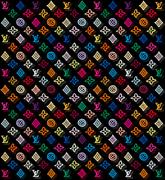 Louis Vuitton Pattern 桌布 壁紙 — 充滿活力的霓虹 Louis Vuitton 字母組合標誌在黑色背景上以彩色網格重複。