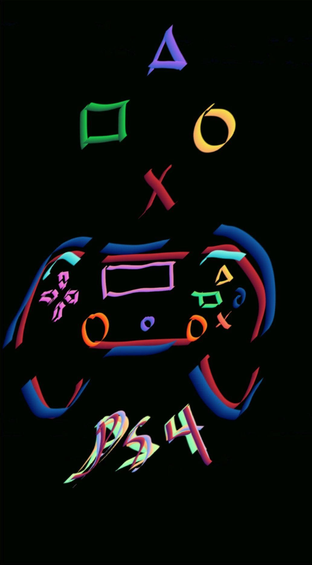 OLED 4K 桌布 壁紙 — 充滿活力的霓虹 PlayStation 4 控制器按鈕在黑色背景上以發光的數位藝術風格漂浮。