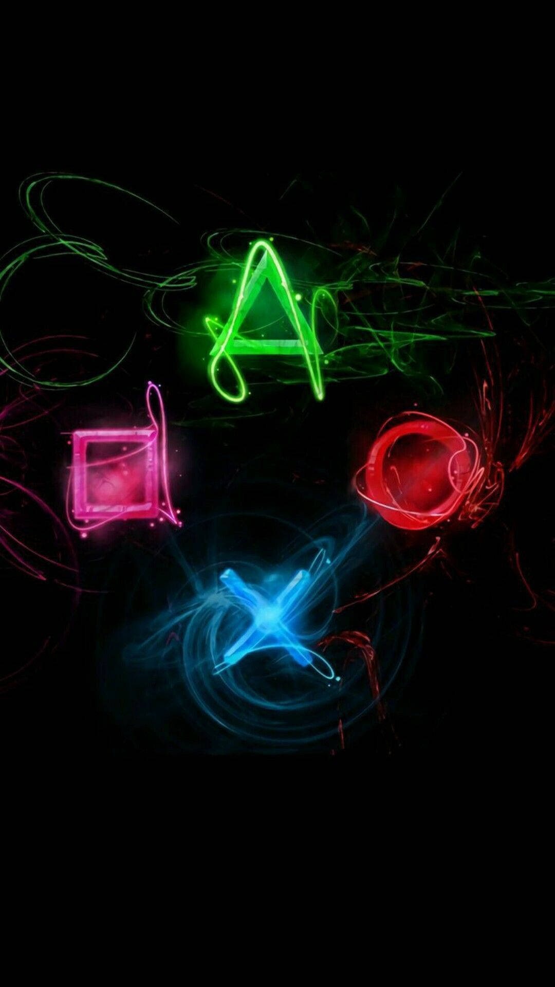 彩色動圖 桌布 壁紙 — 充滿活力的霓虹 PlayStation 控制器符號在黑暗旋轉的背景上發光，帶有電能軌跡。