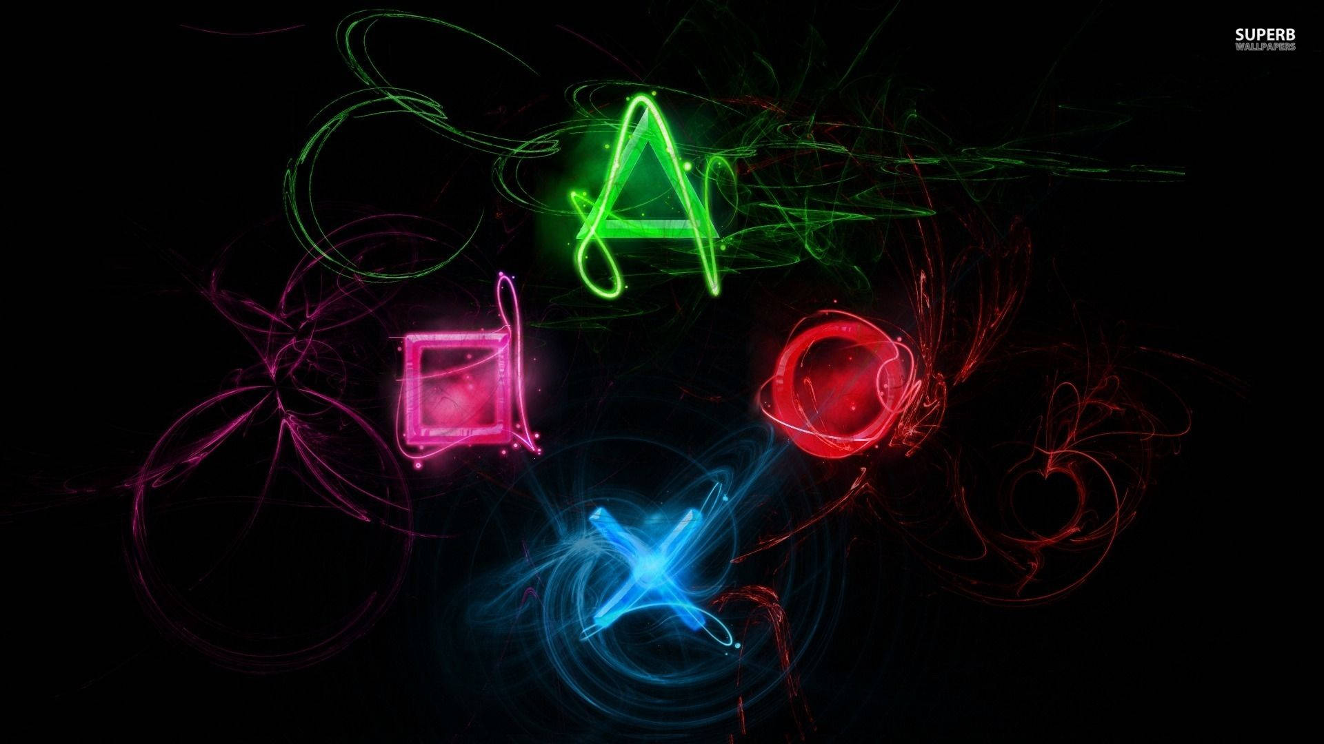 霓虹 PlayStation 標誌漂浮在黑暗空間中，帶有發光軌跡。 — Ps4 壁紙