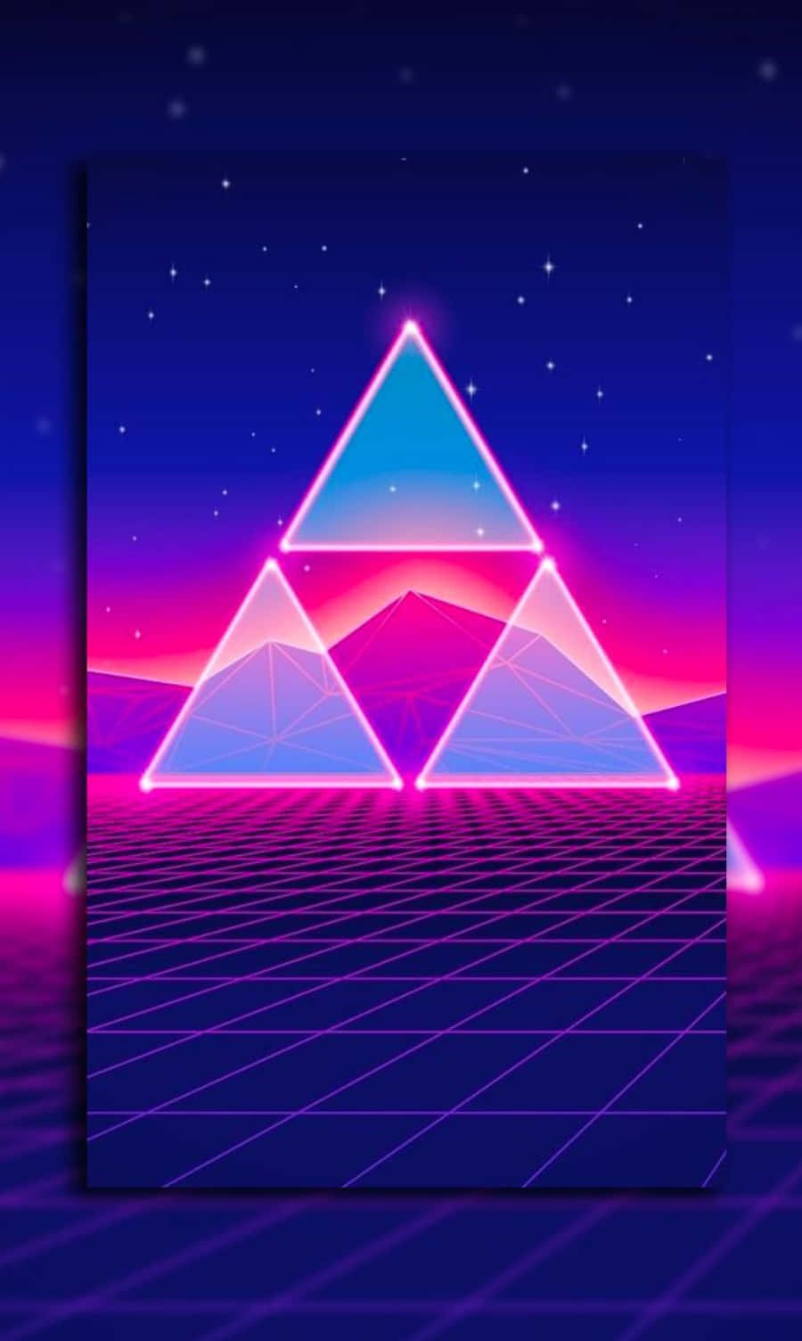 retro aesthetic iPhone 桌布 壁紙 — 充滿活力的霓虹三角形在網格圖案景觀上方的星空紫色天空中發光，呈現復古未來主義風格。
