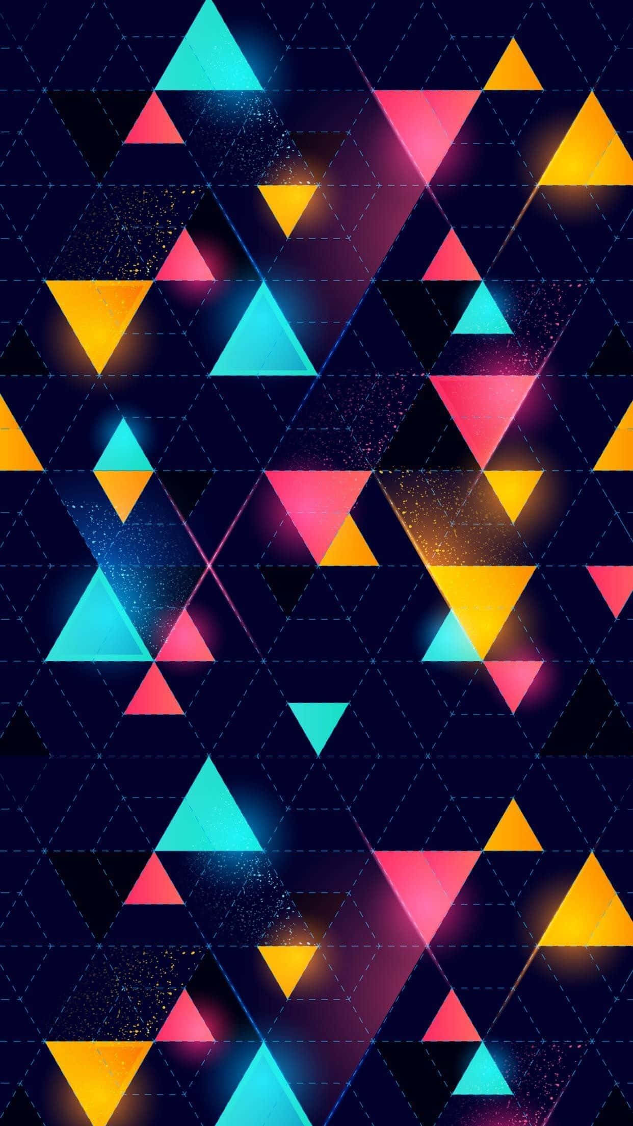 triangles 桌布 壁紙 — 充滿活力的霓虹三角形在黑暗的網格背景上發光，帶有閃爍的粒子效果。
