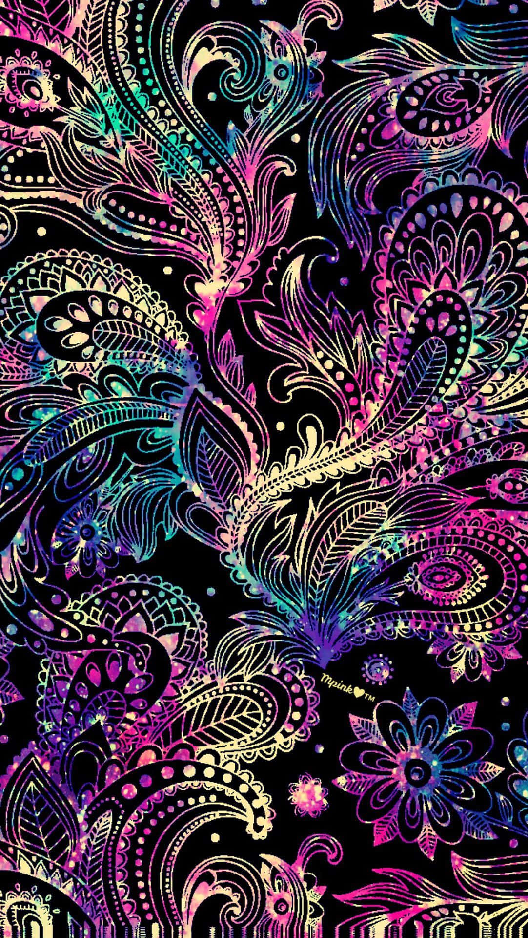 Paisley 桌布 壁紙 — 充滿活力的霓虹佩斯利和花卉圖案在黑色背景上旋轉，形成令人眼花繚亂的數位藝術桌布。