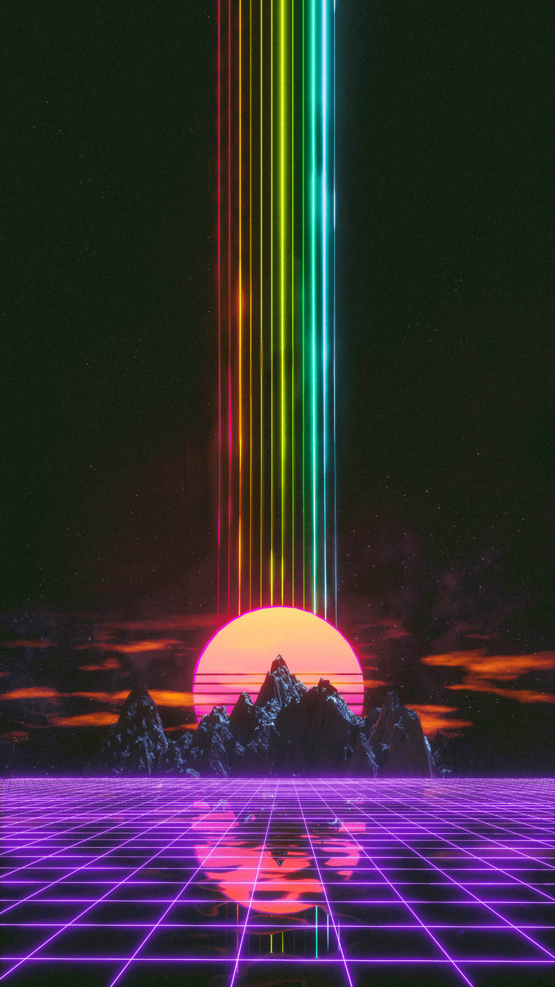 lights 桌布 壁紙 — 充滿活力的霓虹光束從發光的太陽降下，籠罩著紫色網格景觀和鋸齒狀山脈，背景是繁星點點的夜空。