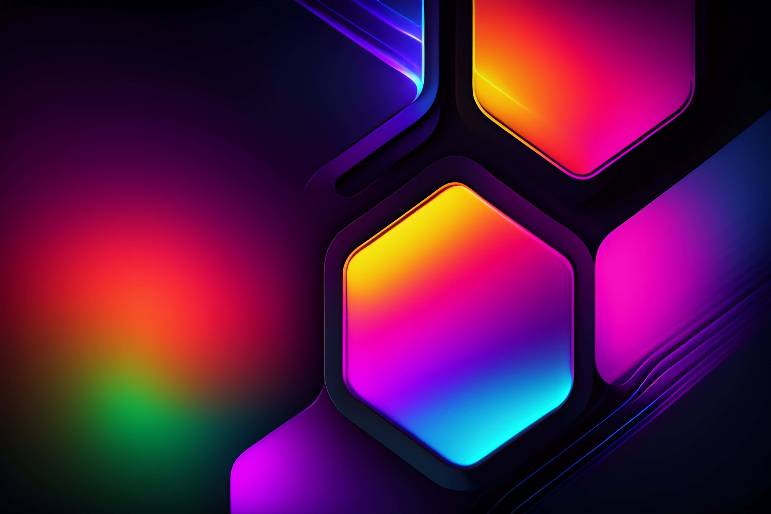 Minimalist Colorful 桌布 壁紙 — 充滿活力的霓虹六邊形在深色背景上散發漸變色調，營造出未來數位氛圍。