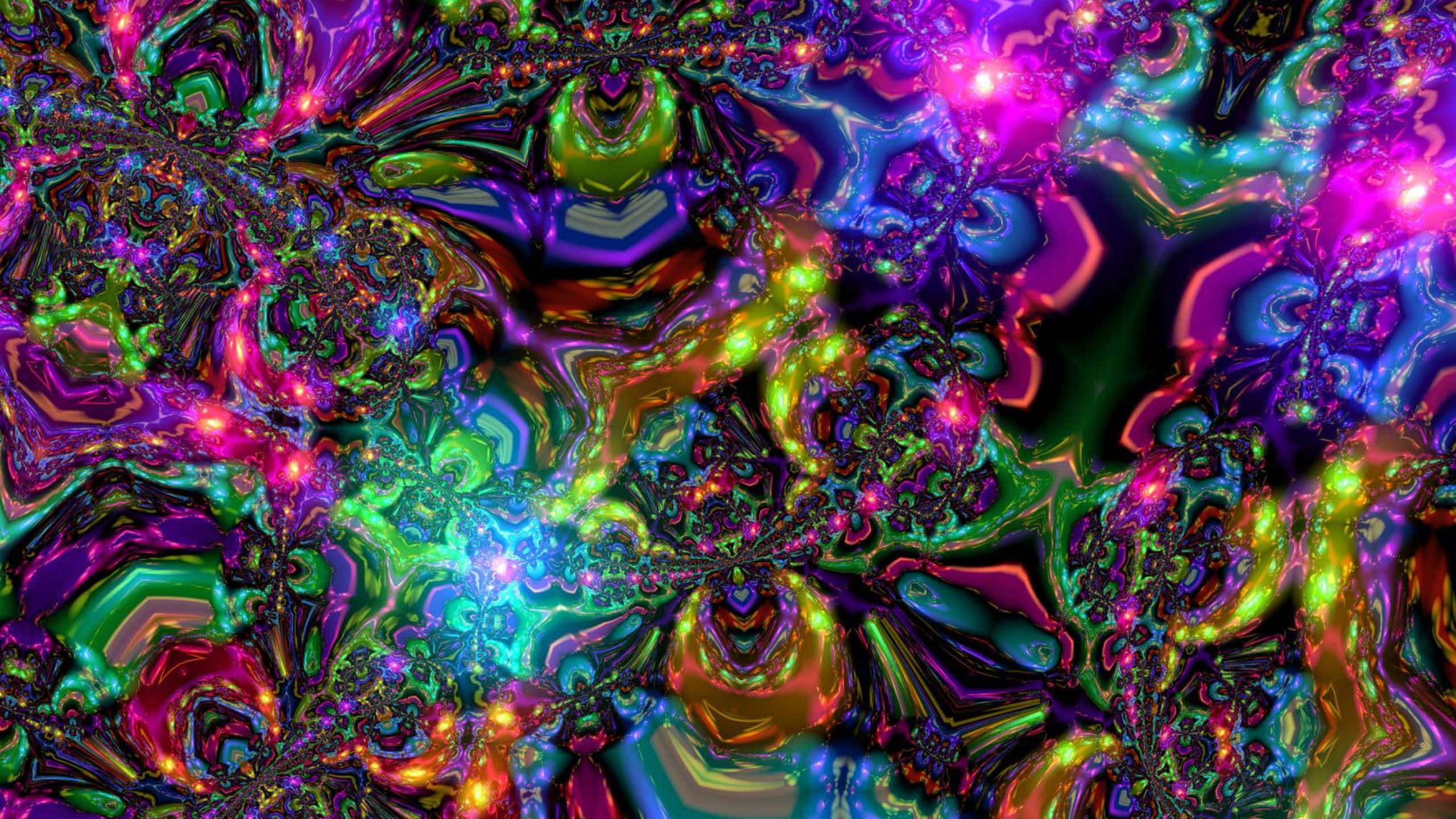 桌布 壁紙 — 充滿活力的霓虹分形圖案在迷幻混沌中旋轉，帶有發光的洋紅色、綠色和電光藍色調。