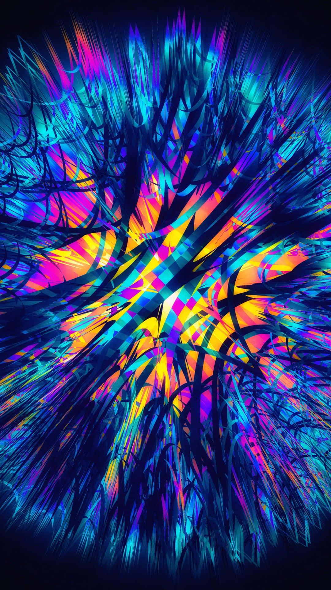 Neon Nature 桌布 壁紙 — 充滿活力的霓虹分形從黑暗中心爆炸，形成迷幻的數位爆發。