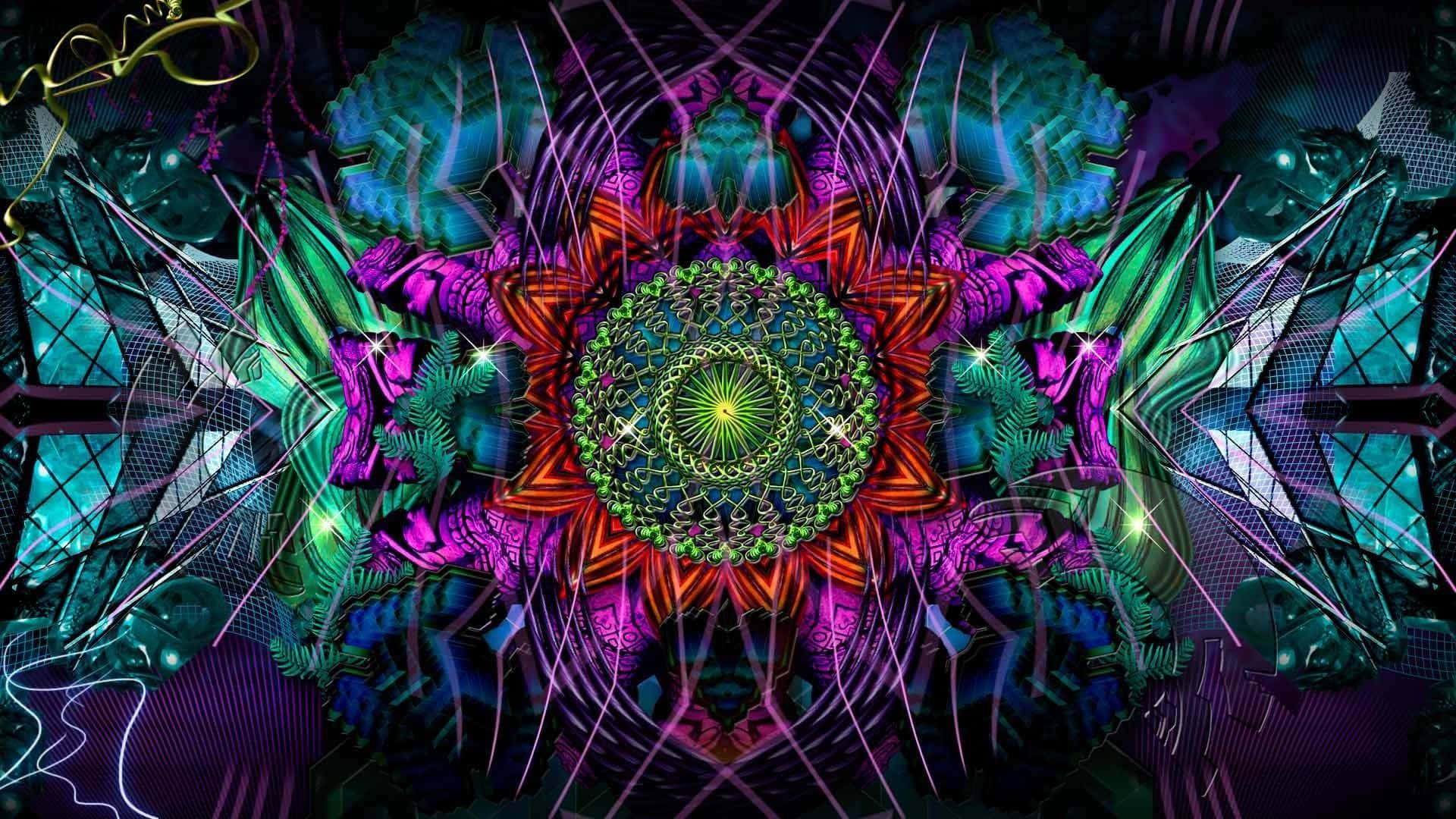 迷幻動圖 桌布 壁紙 — 充滿活力的霓虹分形曼陀羅從發光的綠色中心在黑暗的數位背景上輻射出來。