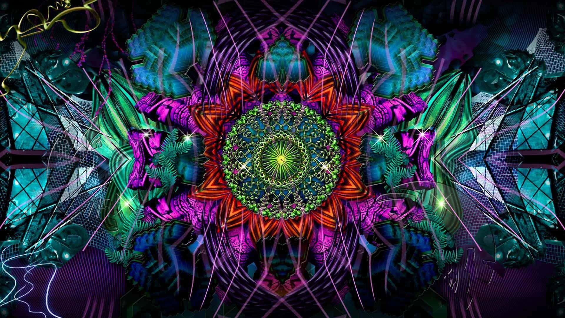 psychedelic art 桌布 壁紙 — 充滿活力的霓虹分形曼陀羅從發光的綠色中心向黑暗的數位背景輻射。