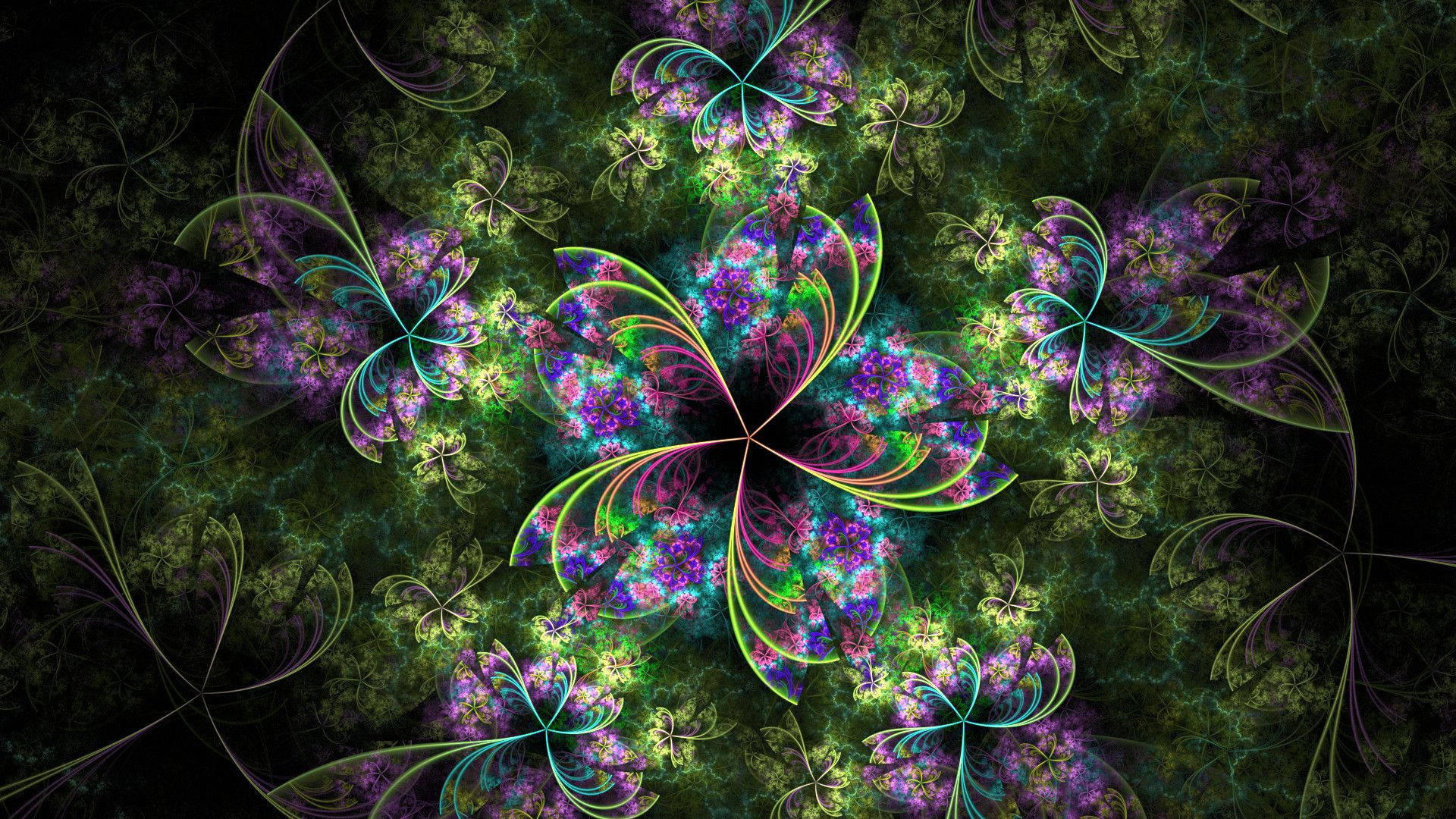 曼陀羅 桌布 壁紙 — 充滿活力的霓虹分形花朵在深綠色紋理背景上以發光的對稱圖案綻放。