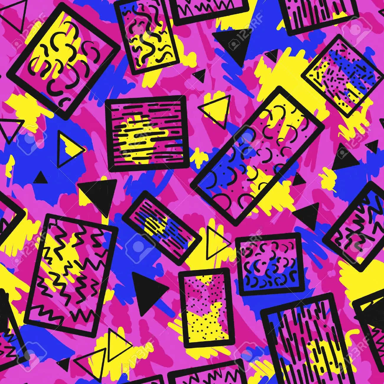 90s Style 桌布 壁紙 — 充滿活力的霓虹圖案，採用粉紅色、藍色和黃色的鮮明幾何形狀和抽象設計。