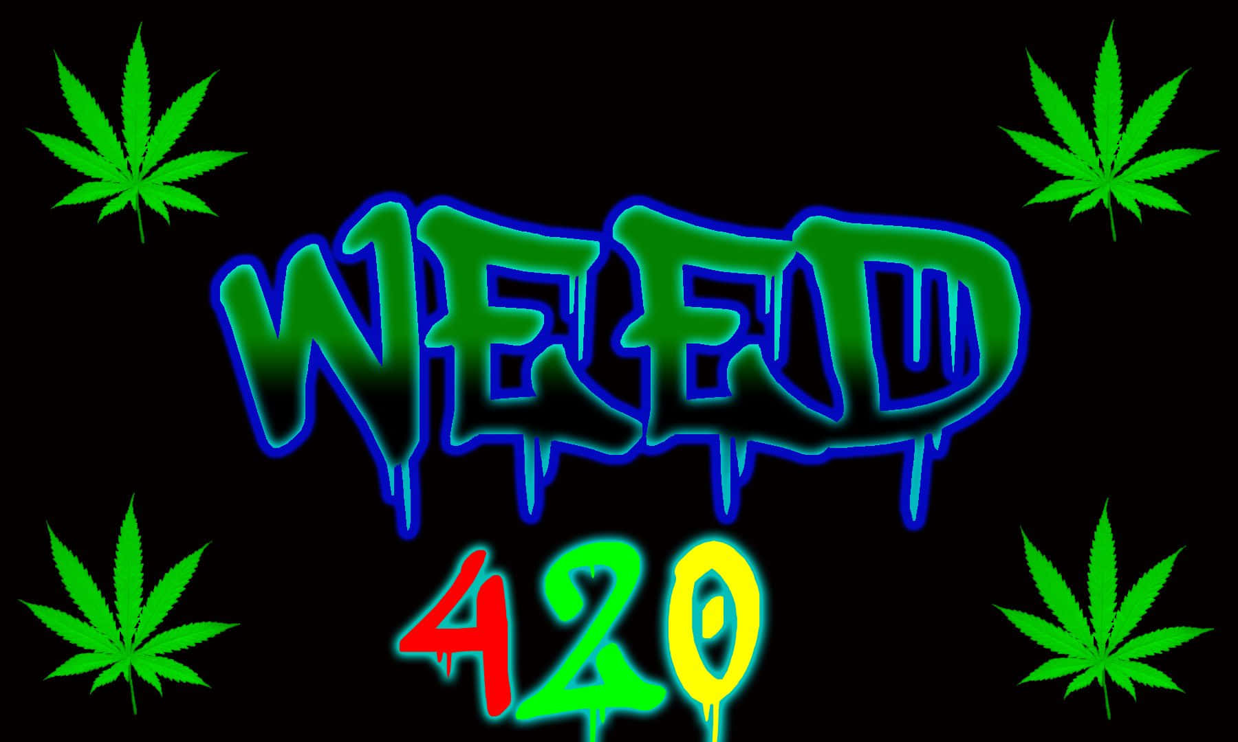 420 桌布 壁紙 — 充滿活力的霓虹塗鴉文字 'WEED 420' 在黑色背景上滴落藍色和綠色的光芒，周圍環繞著發光的綠色大麻葉。