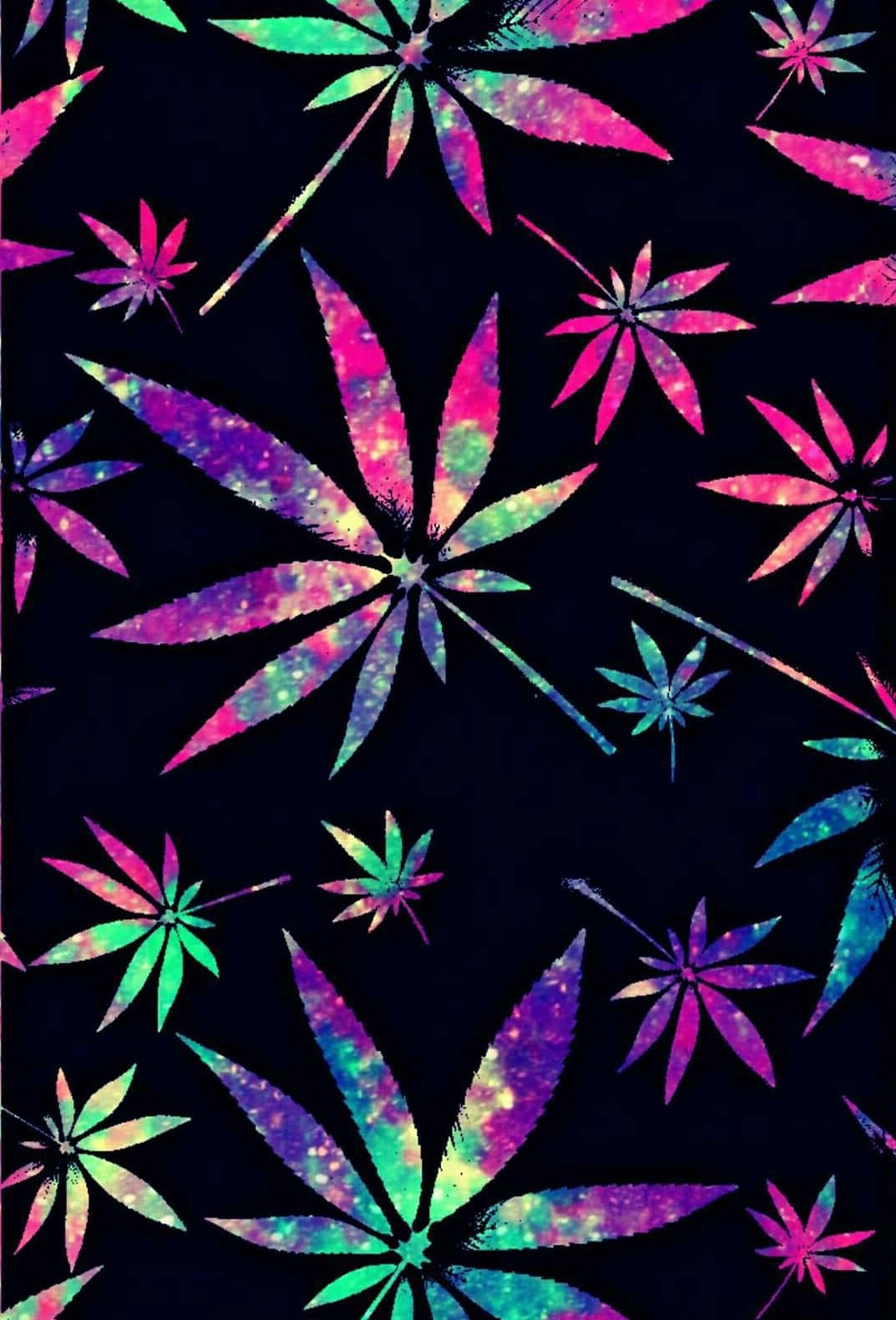 420 桌布 壁紙 — 充滿活力的霓虹大麻葉帶有銀河閃粉圖案，漂浮在深黑色背景上。