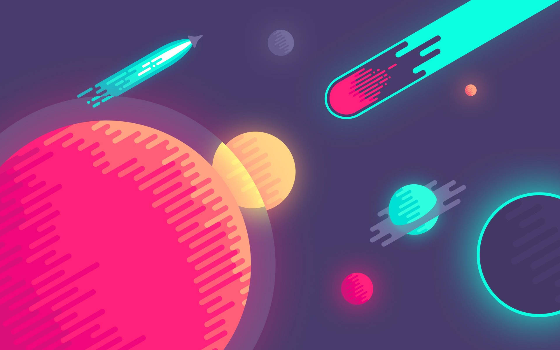 霓虹太空船在風格化的數位太空場景中飛過發光的行星。 — 8 位元 GIF 壁紙