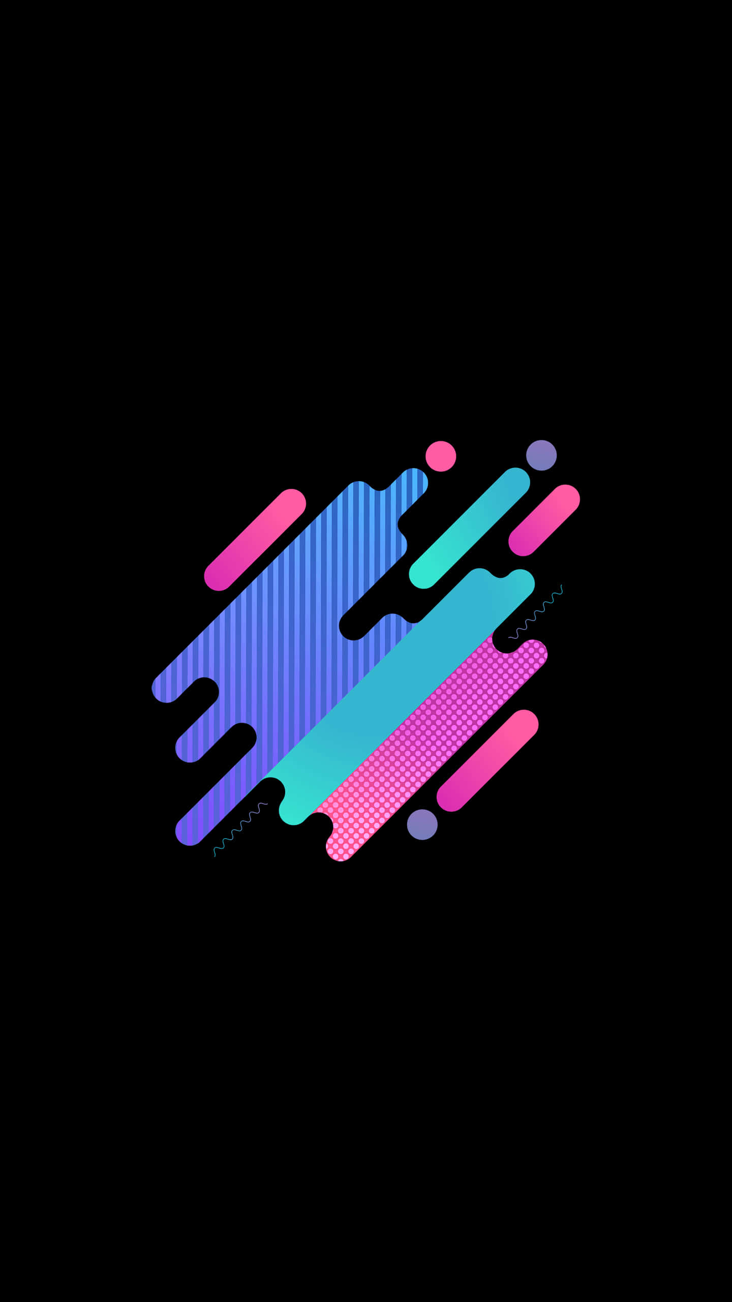 AMOLED 桌布 壁紙 — 充滿活力的霓虹幾何形狀，帶有漸變條紋和圓點，在純黑色背景上爆炸開來。
