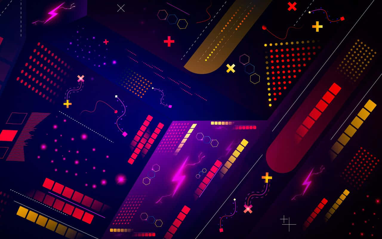 1280x800 桌布 壁紙 — 充滿活力的霓虹幾何形狀和發光線條在黑暗的數位畫布上舞動，構成未來主義的抽象作品。
