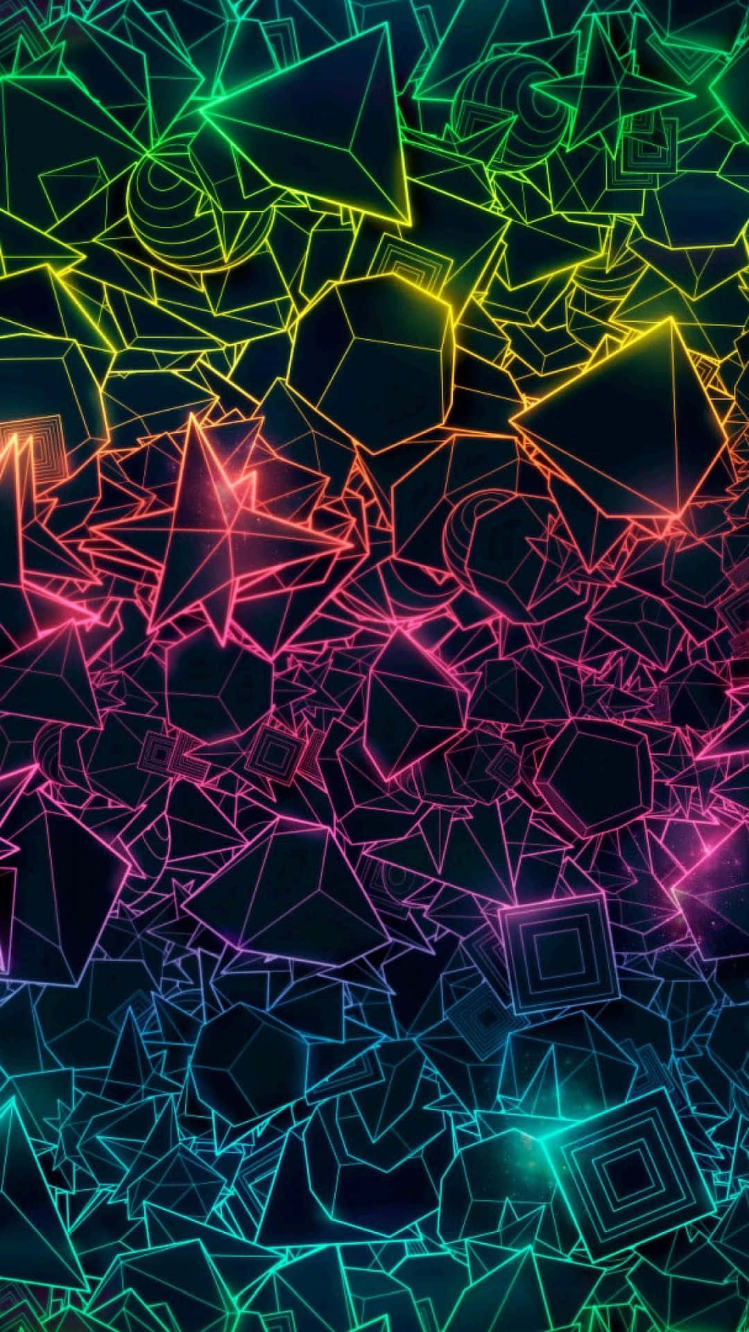 Trippy Neon Lights 桌布 壁紙 — 充滿活力的霓虹幾何形狀在黑暗中漂浮，創造出未來主義的數位抽象圖案。