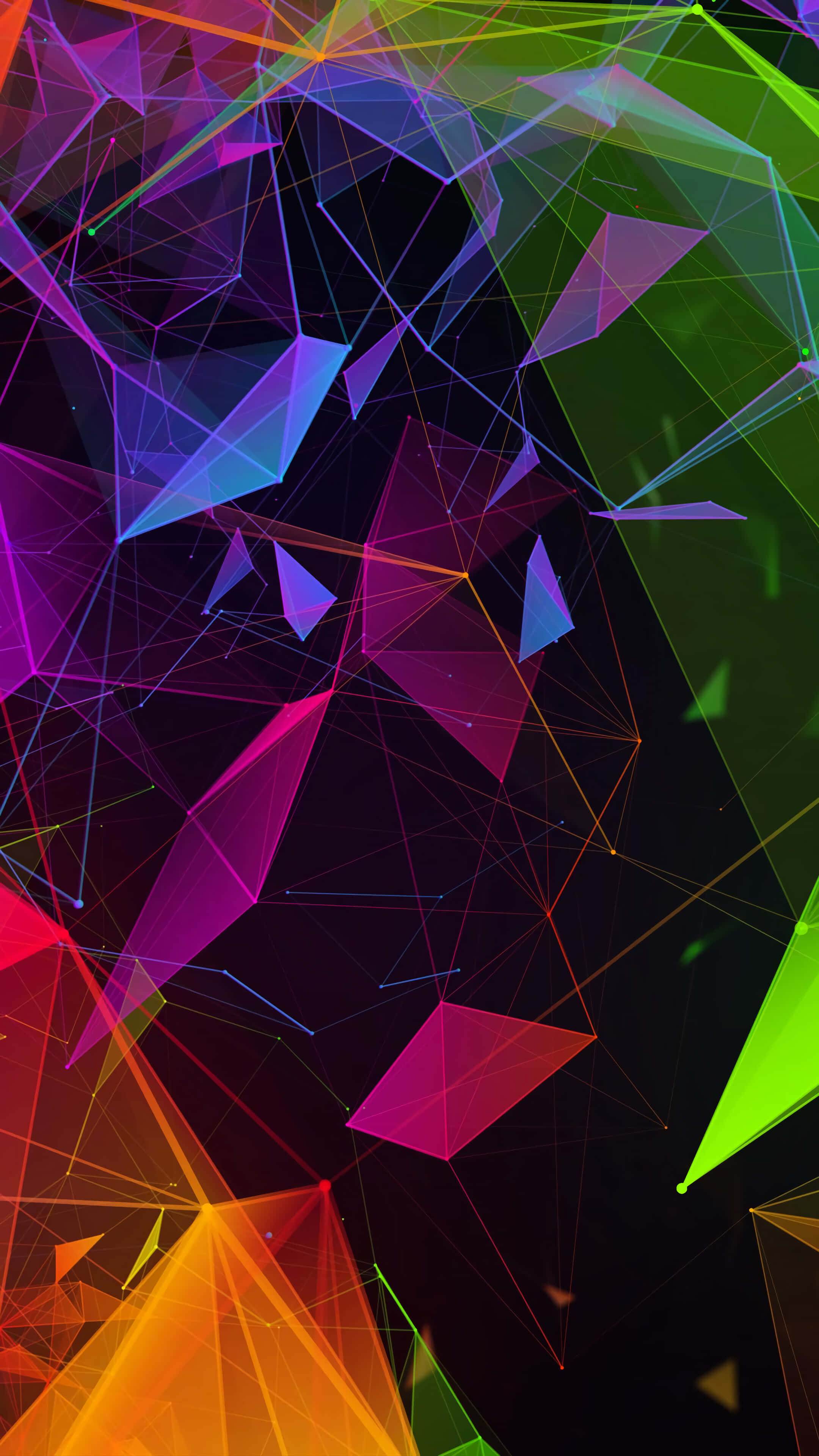 Colorful Phone 桌布 壁紙 — 充滿活力的霓虹幾何形狀在黑暗中漂浮，形成動態的抽象數位構圖。
