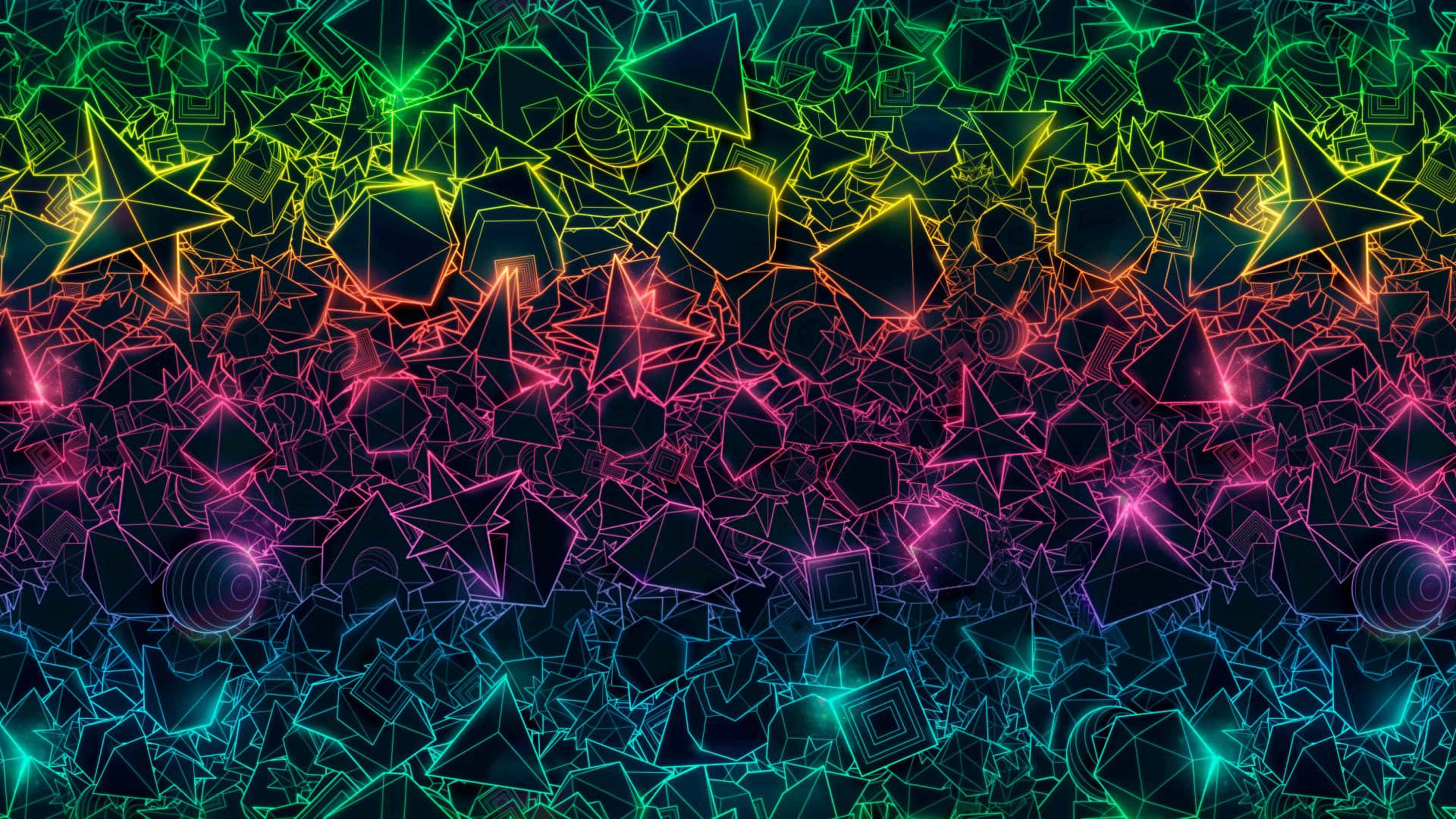 Trippy Neon Lights 桌布 壁紙 — 充滿活力的霓虹幾何形狀在黑暗背景上發光，形成動態的數位抽象構圖。
