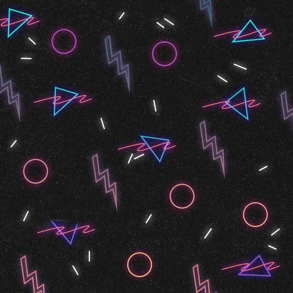 arcade 桌布 壁紙 — 充滿活力的霓虹幾何形狀漂浮在斑點黑色背景上，形成復古未來主義圖案。