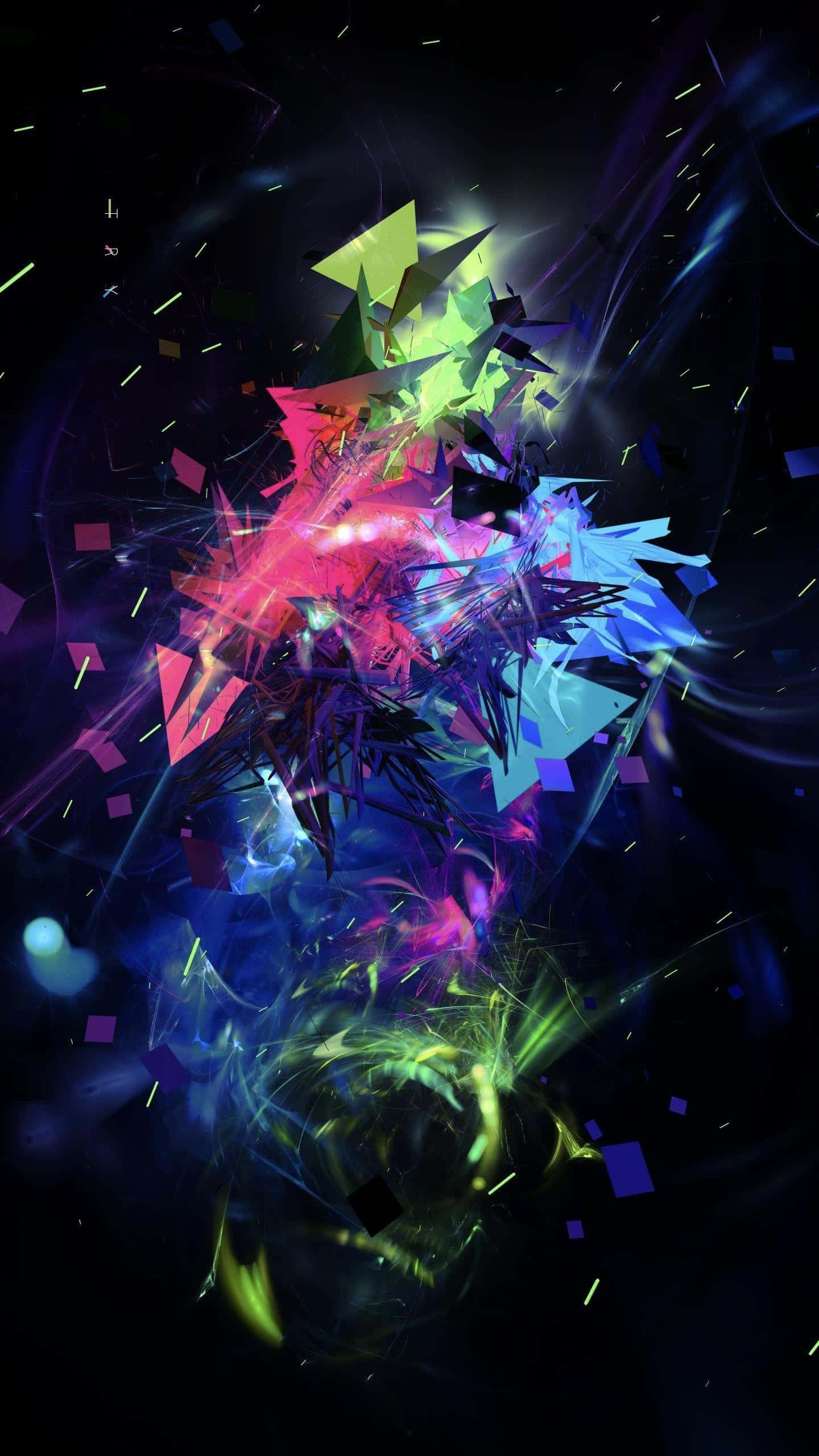 Multicolor 桌布 壁紙 — 充滿活力的霓虹幾何碎片在黑暗的宇宙背景下爆炸，帶有發光的粒子軌跡。