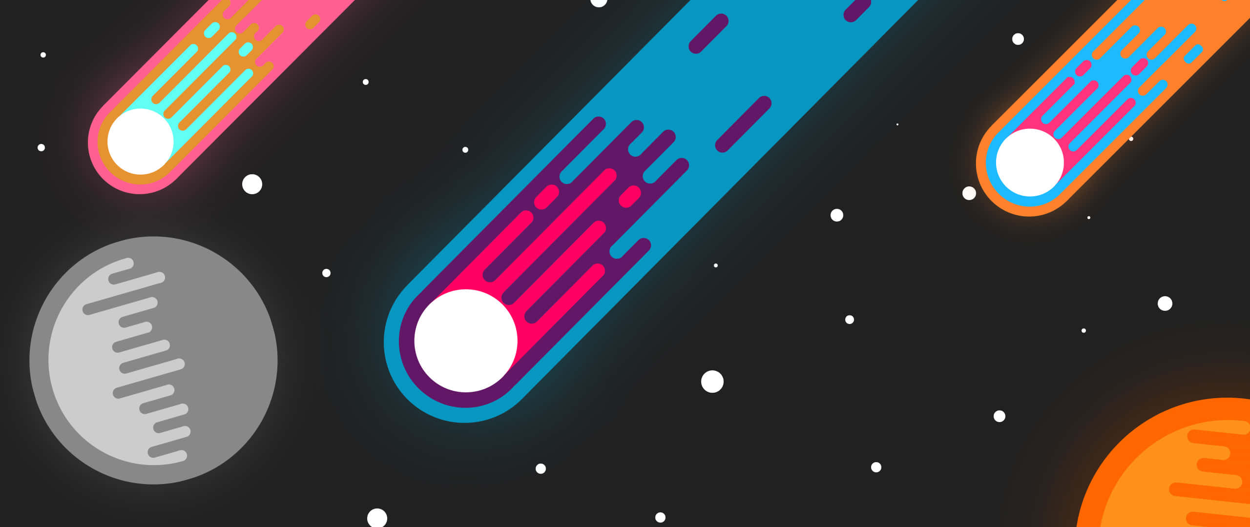 2560x1080 Minimal 桌布 壁紙 — 充滿活力的霓虹彗星劃過繁星點點的夜空，搭配風格化的行星，構成大膽的數位藝術作品。