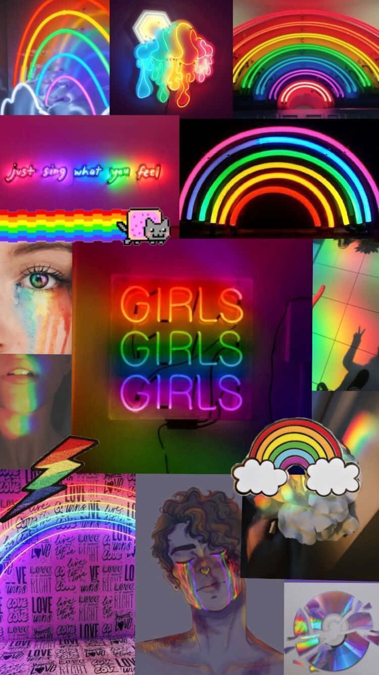 Aesthetic Lgbt Rainbow 桌布 壁紙 — 充滿活力的霓虹彩虹和發光文字創造出流行文化與復古未來主義氛圍的彩色拼貼。